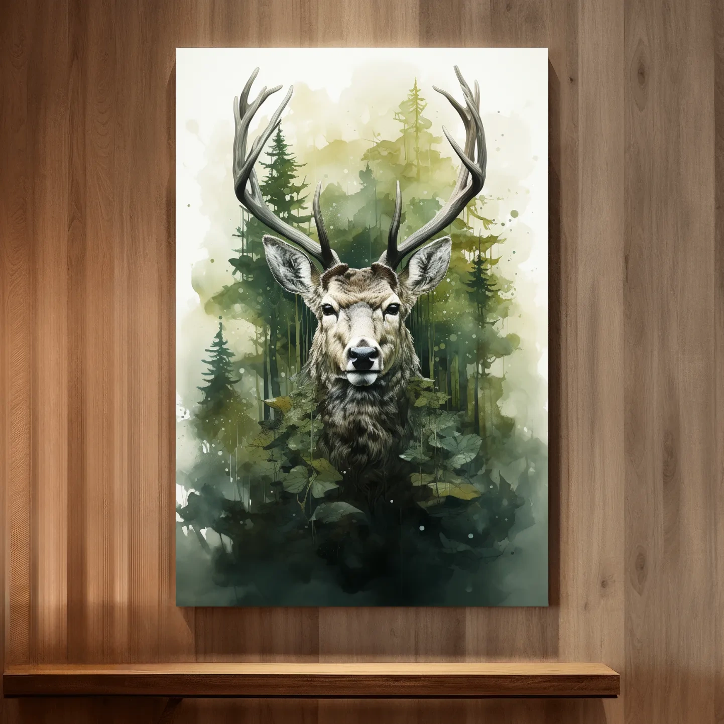 Watercolour painting, deer head in the foliage