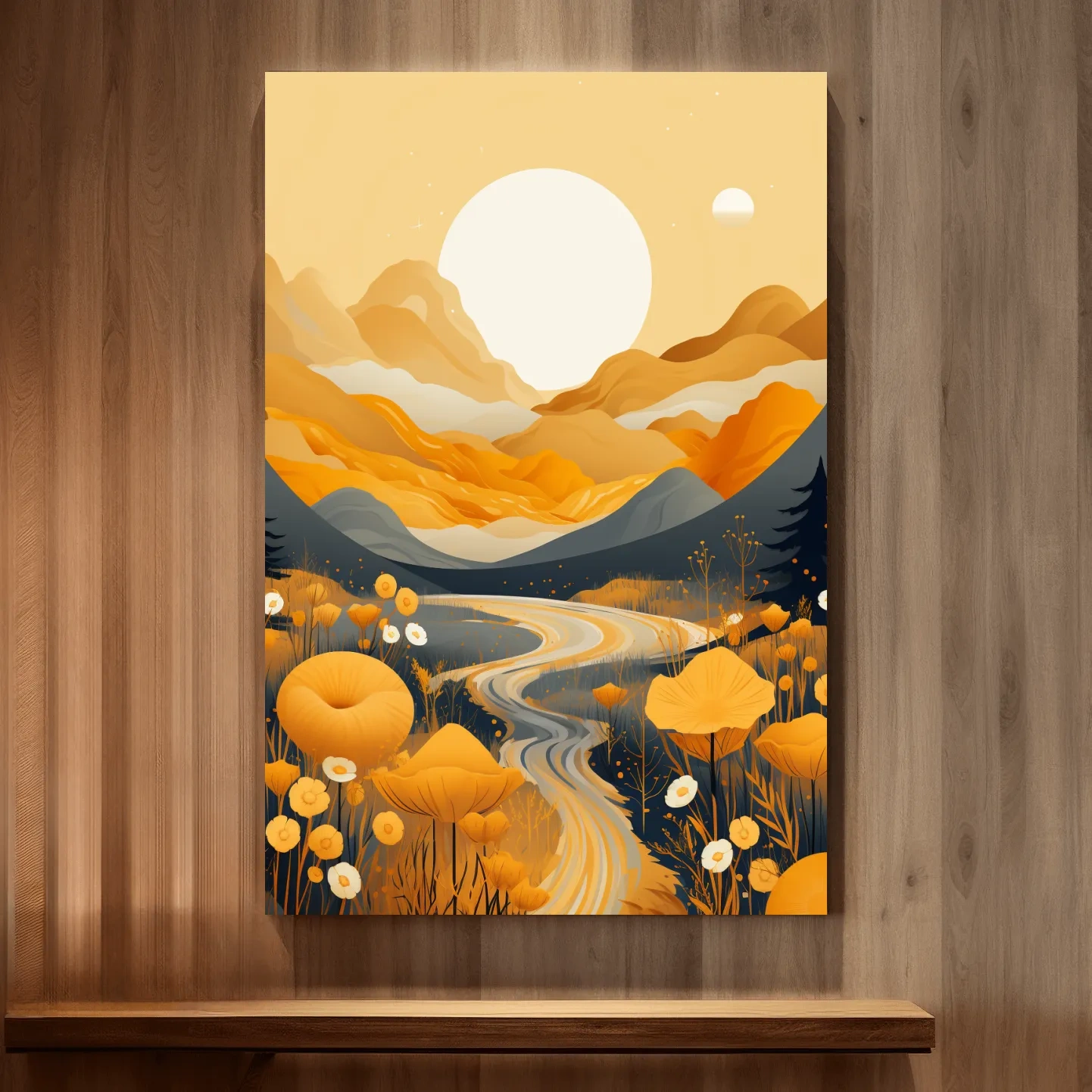 Bright illustration, river running through the meadows