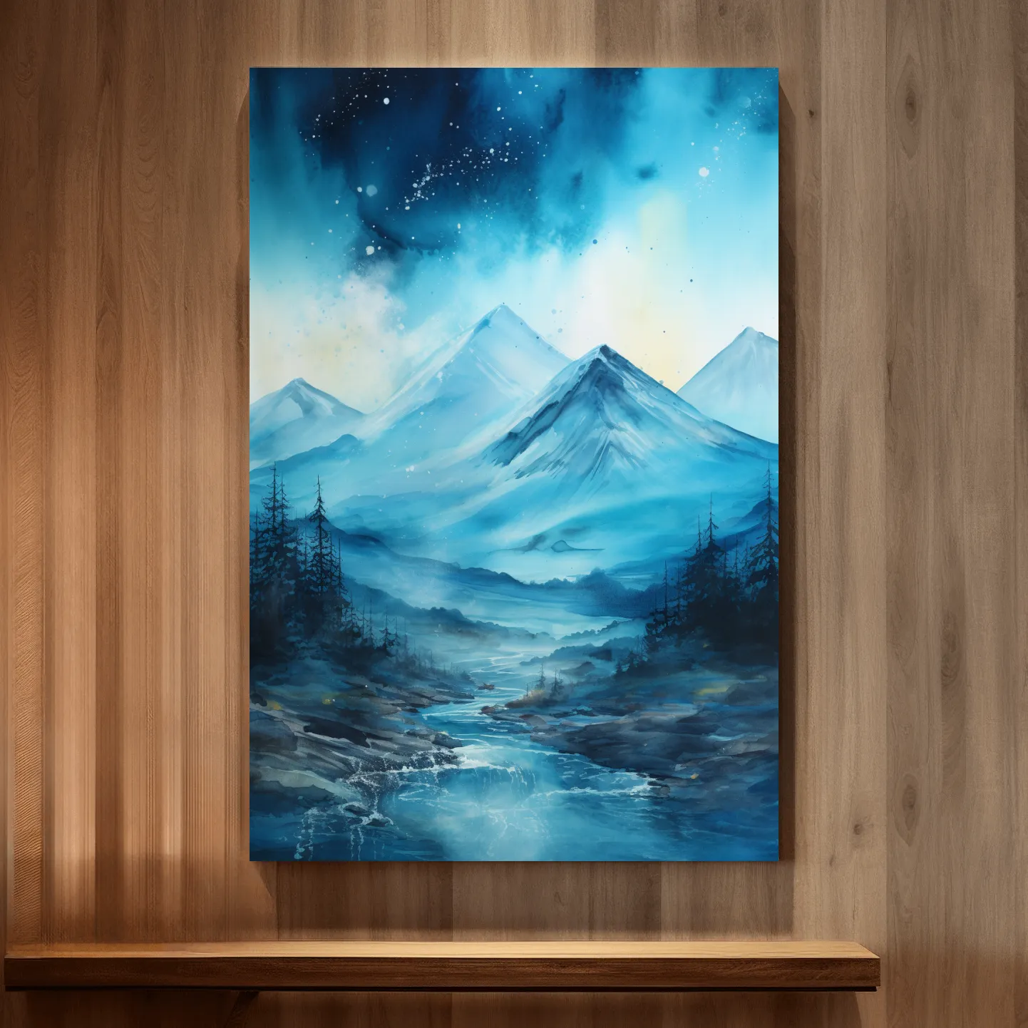 Watercolor painting, mountains under the stars