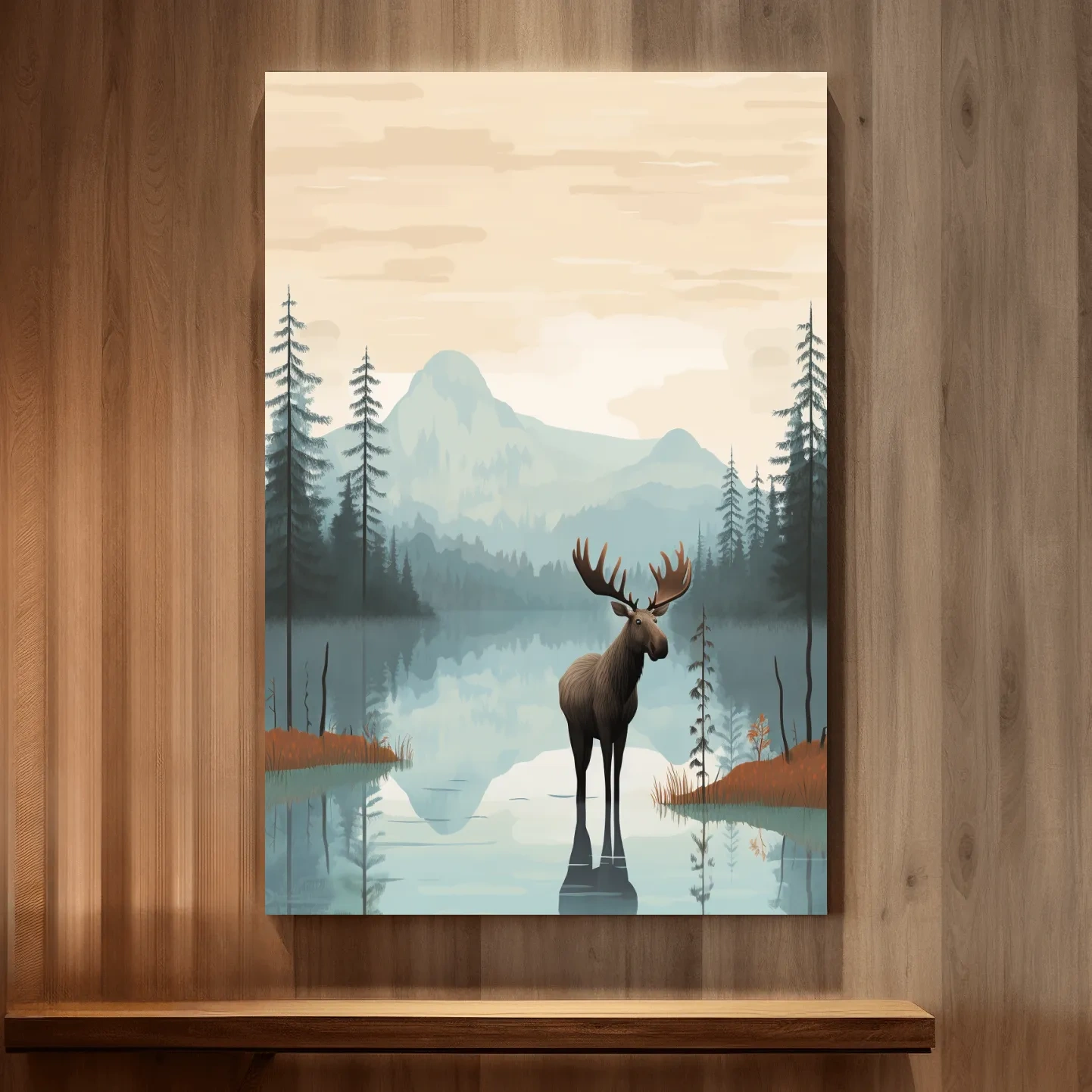 Moose Mountain Lake Illustration - Nursery Forest Mountain Wall Art