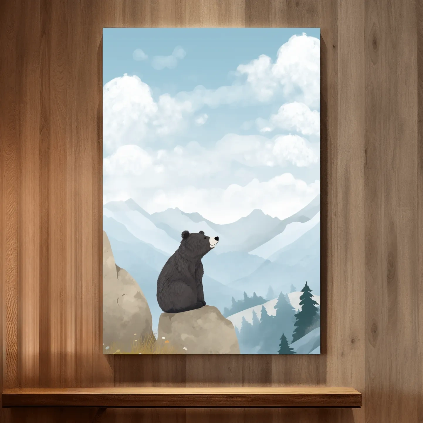 Whimsical Black Bear Mountain Landscape Illustration - Cute Animal Nursery Wall Art