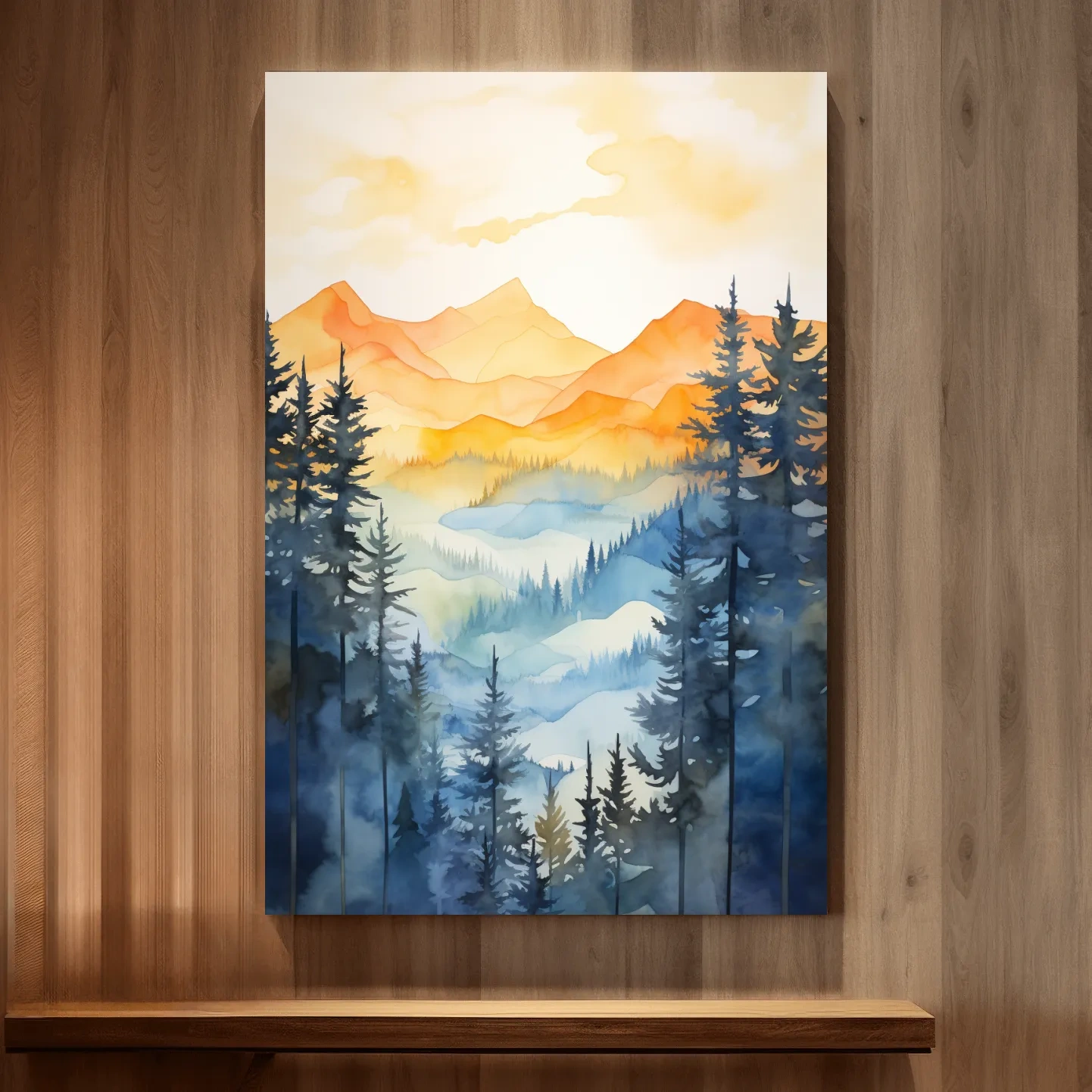 Simple watercolor art painting of alpine mountain scenery
