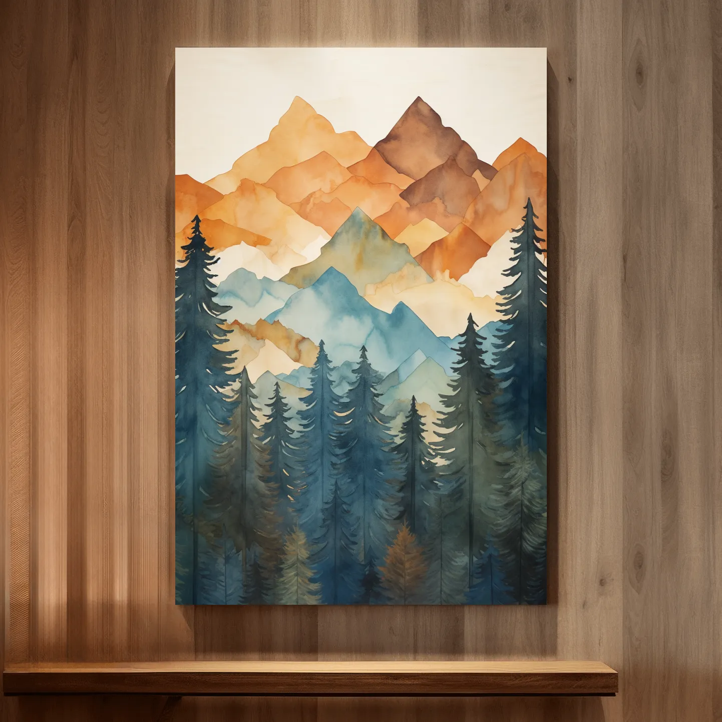 Simple watercolor painting of mountains and trees