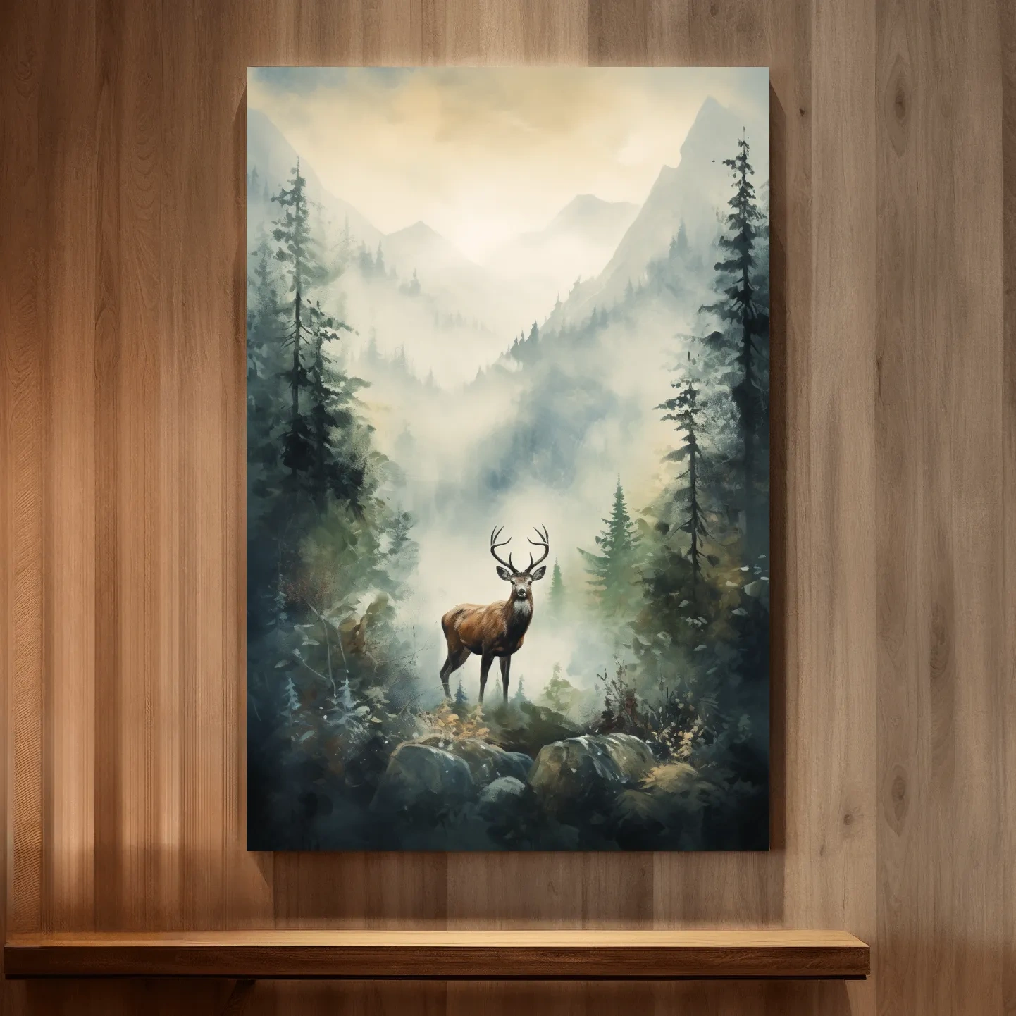 Misty Alpine Forest Deer Painting - Atmospheric Mountain Wildlife Wall Art