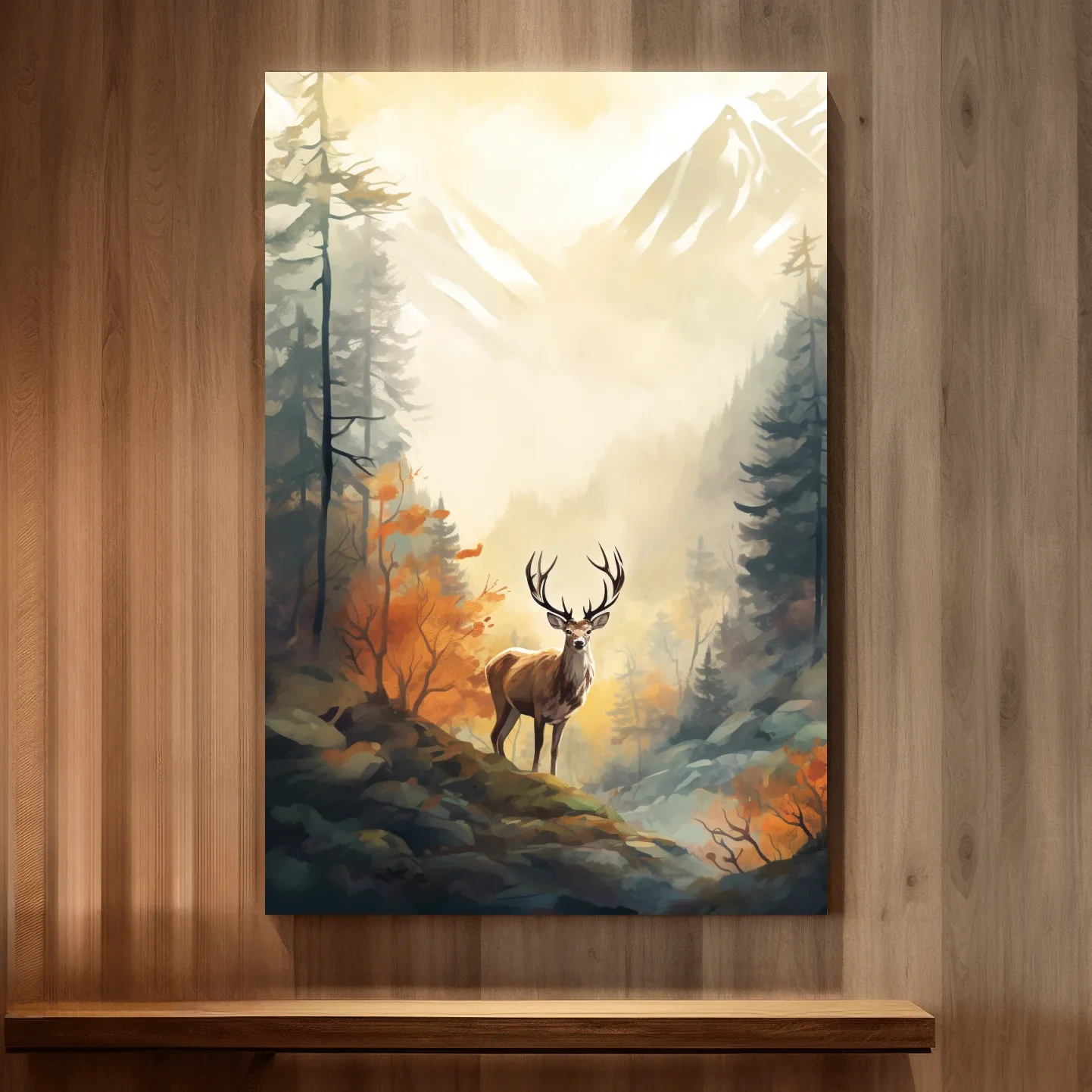 Painting of a deer standing in an autumn forest