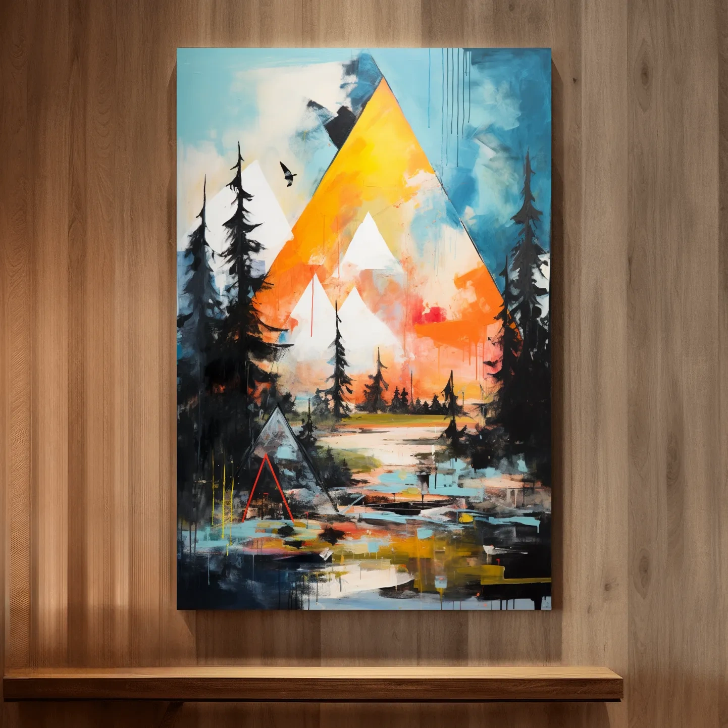 Vibrant Abstract Mountain Painting - Modern Geometric Alpine Forest Wall Art