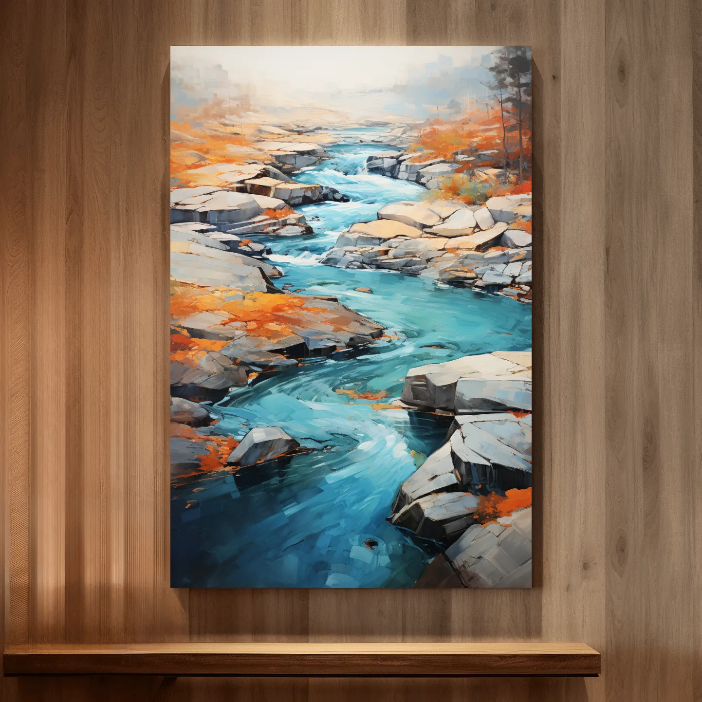Serene painting of a river flowing through the rocks in fall