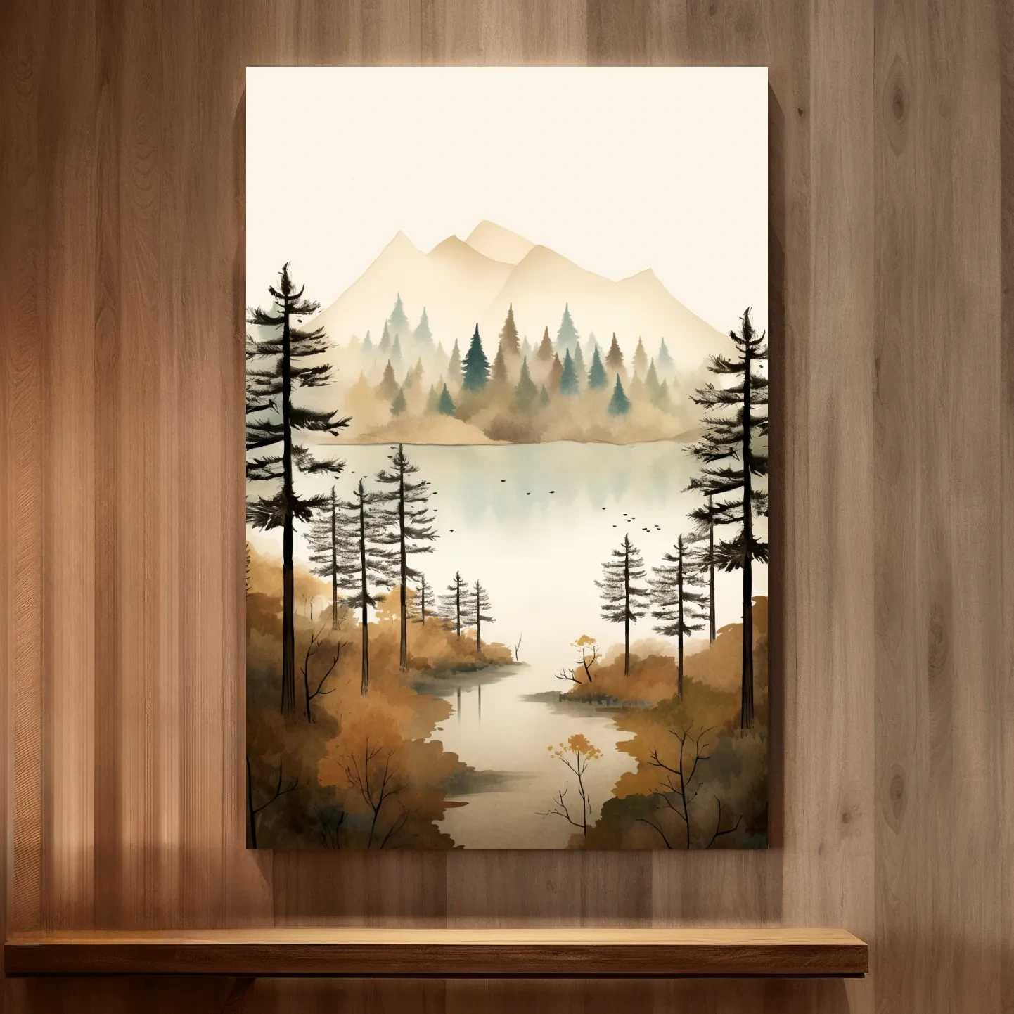 Watercolour landscape art, lakeside forest scenery in fall