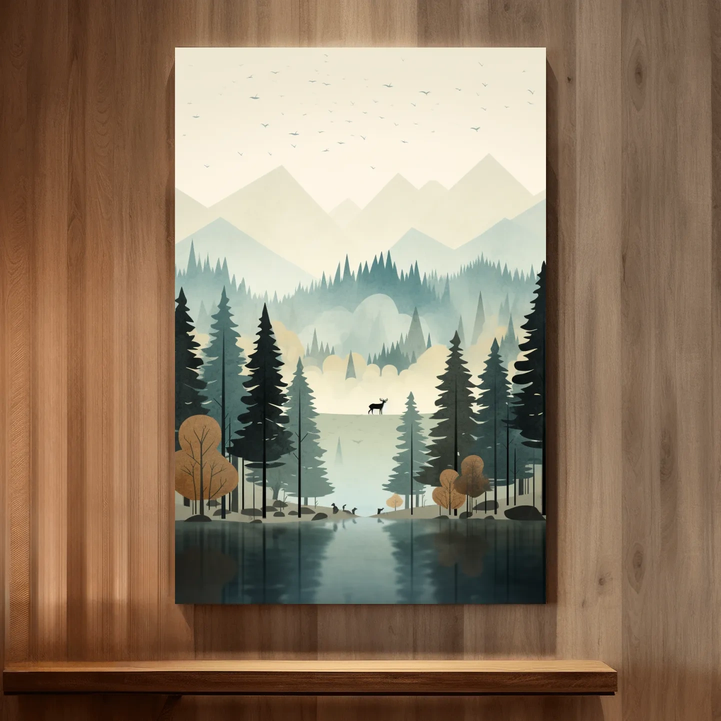 Alpine Lake Forest With Deer - Scandinavian Minimalist Wall Art
