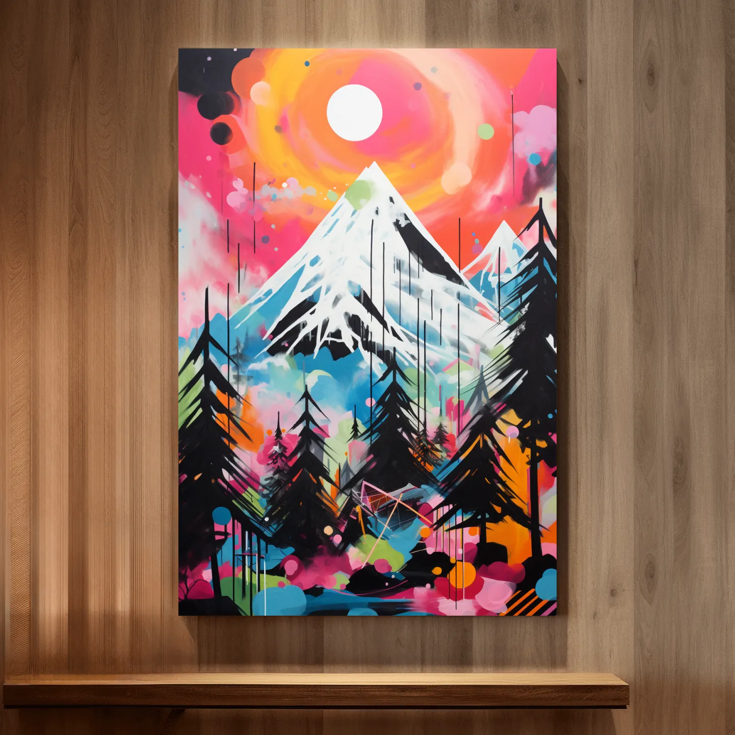 Vibrant energetic arcylic painting, glacier at sunset