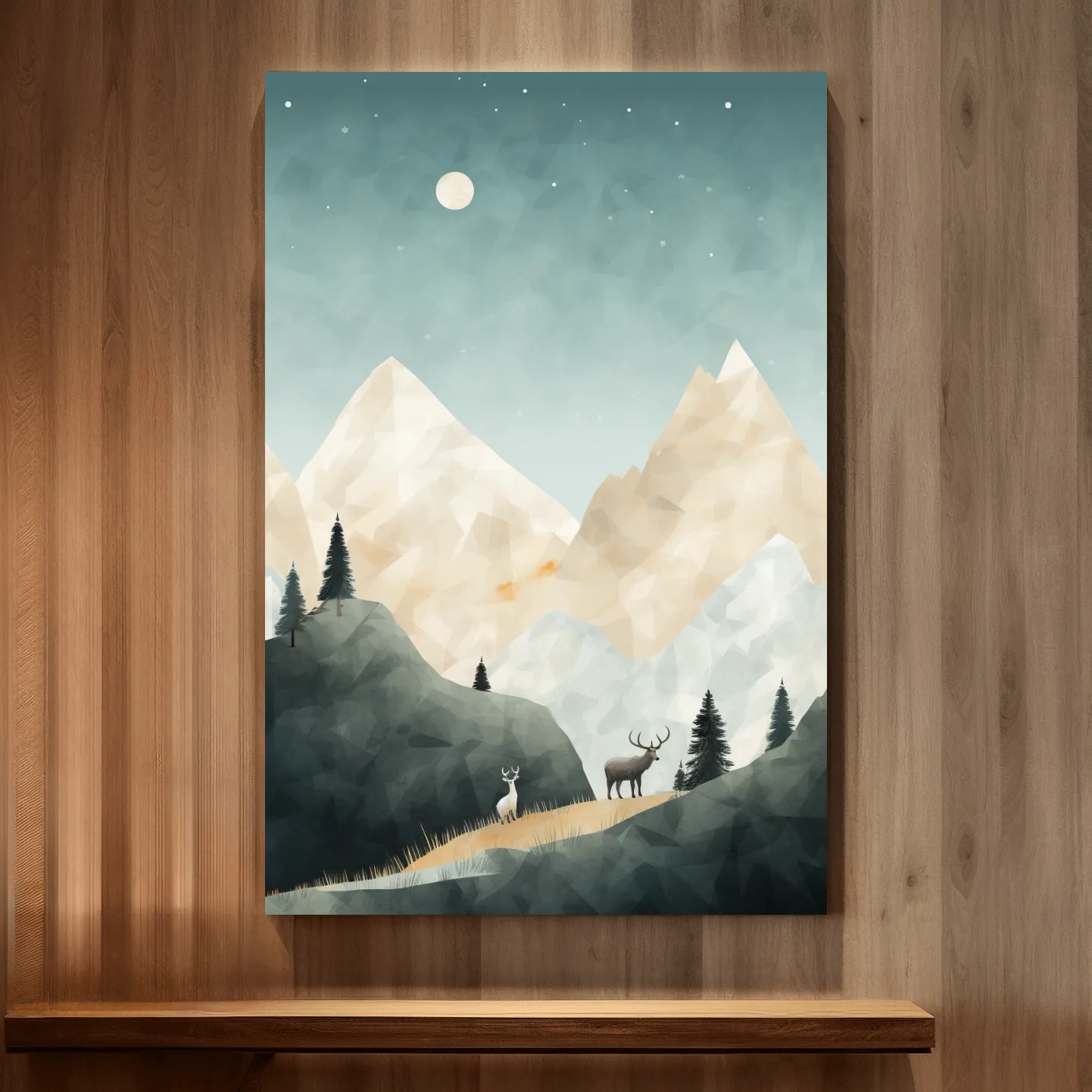 Textured minimal illustration, deers in the forest under the night sky