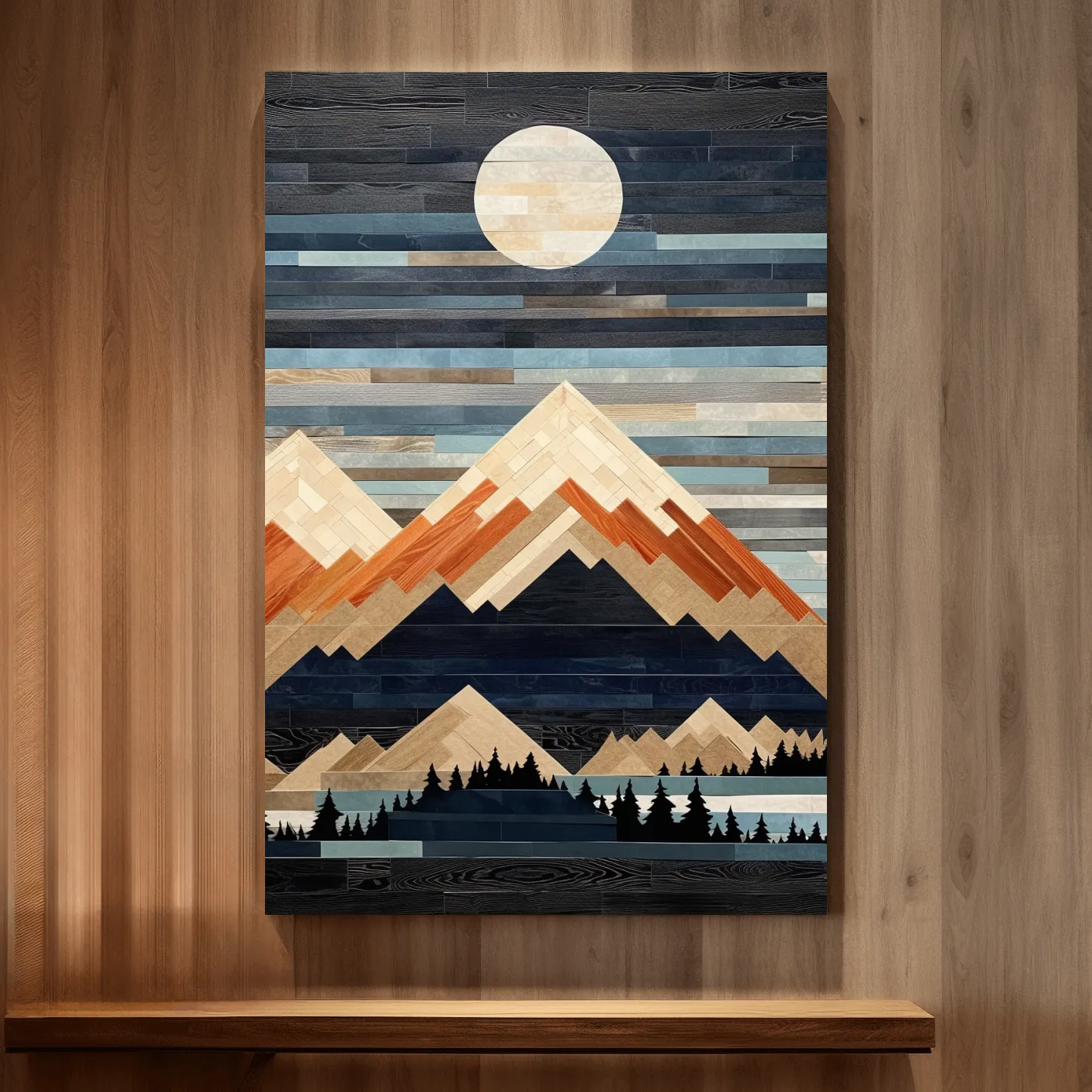 Wooden panel art, painted wood mountains under the night sky