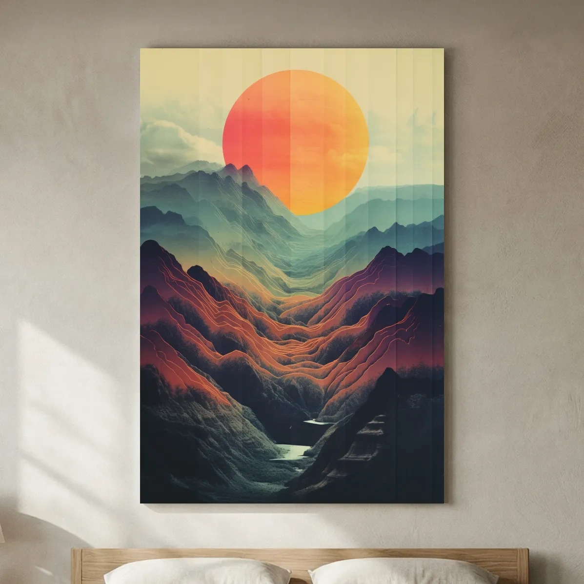 Illustrative art of a layered mountainous valley at sunset