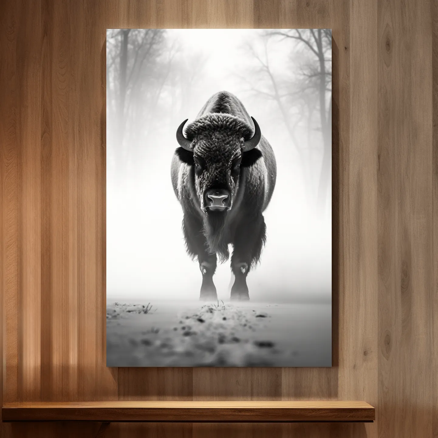 Black and white photo of a bison walking on snow