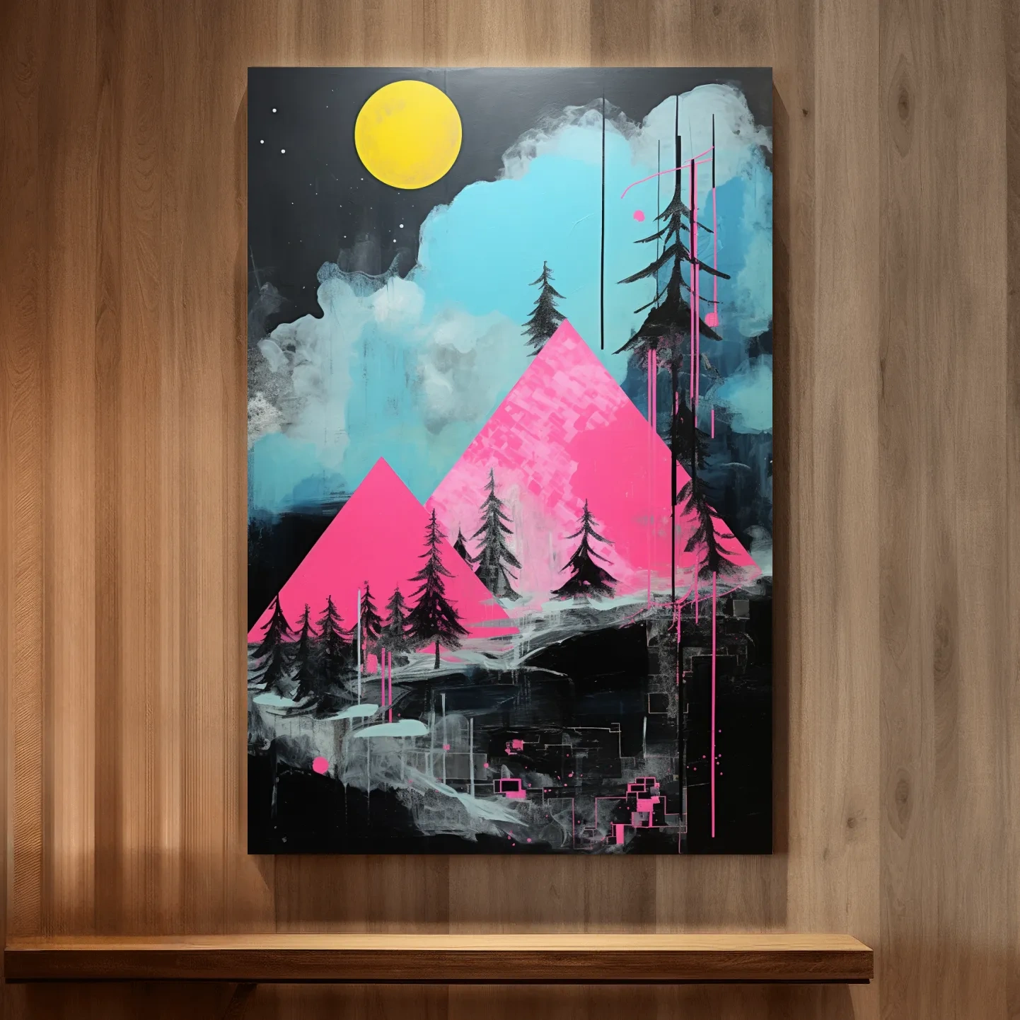 Pink and black acrylic painting, triangular abstract mountains