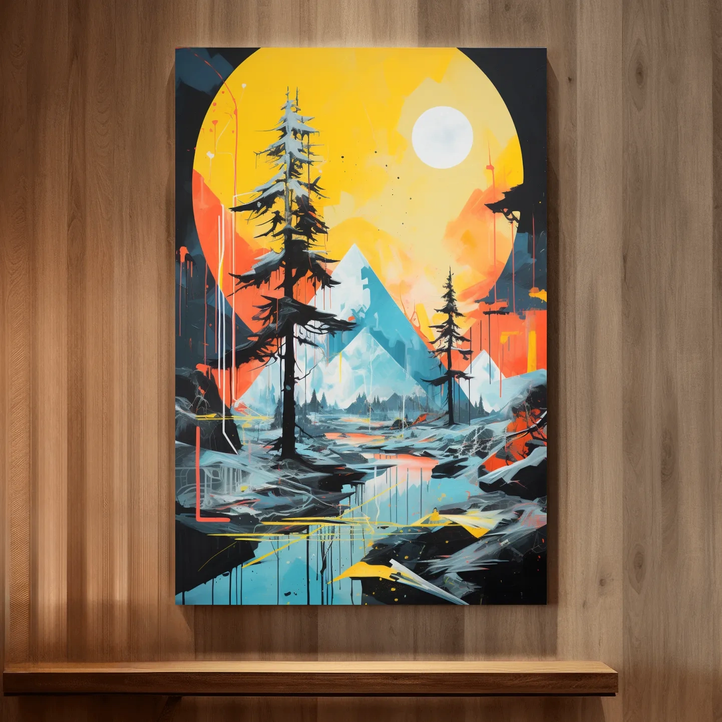 Abstract geometric painting of a glacier alpine landscape at sunset