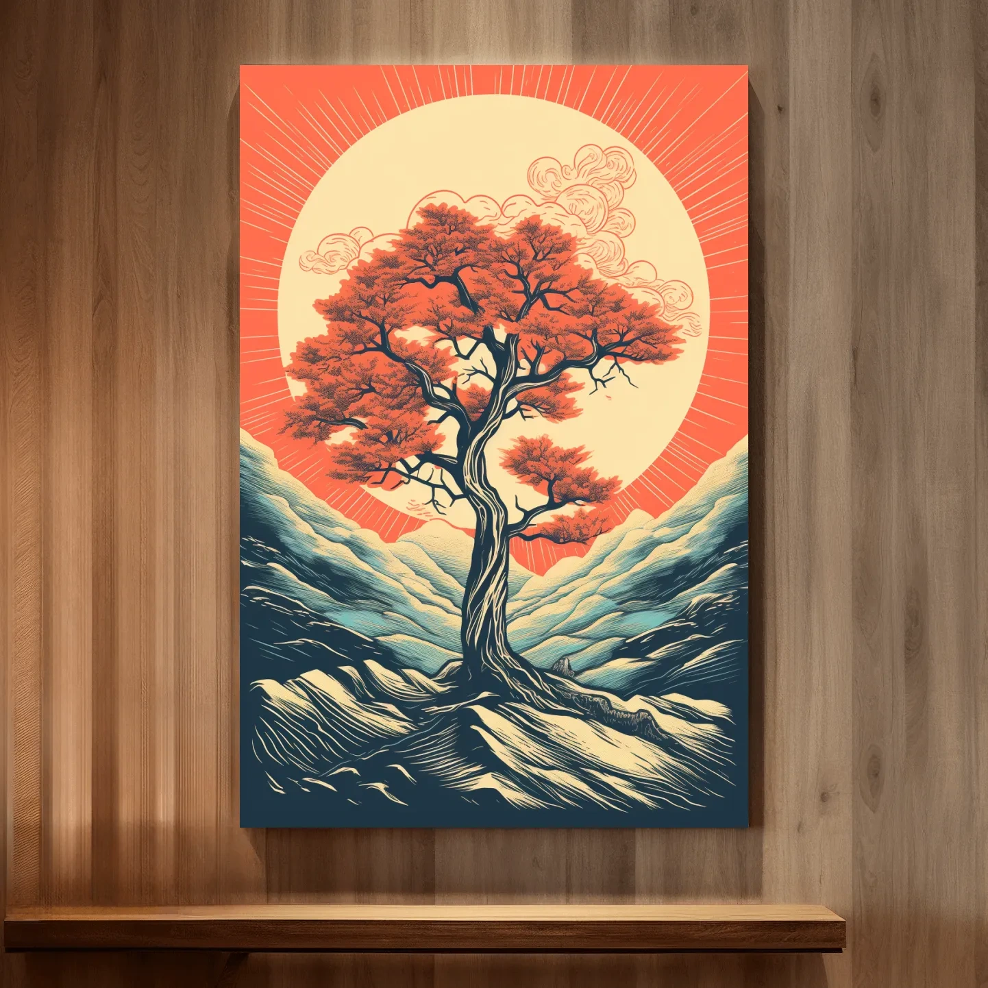 Dynamic vector illustration wall art poster of a tree at sunset