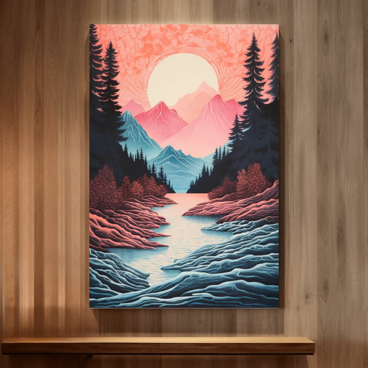 Risograph style illustration of an alpine valley at sunset