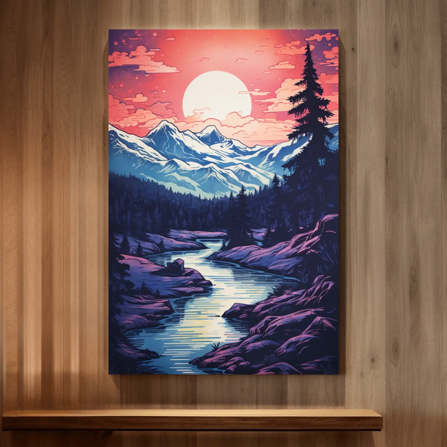 Surreal illustration of sunset over a glacier alpine scene