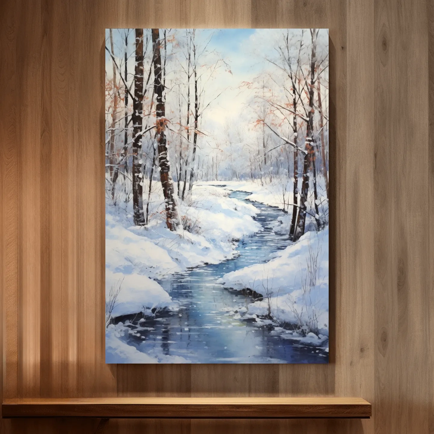 Oil painting of a stream running through a winter scene