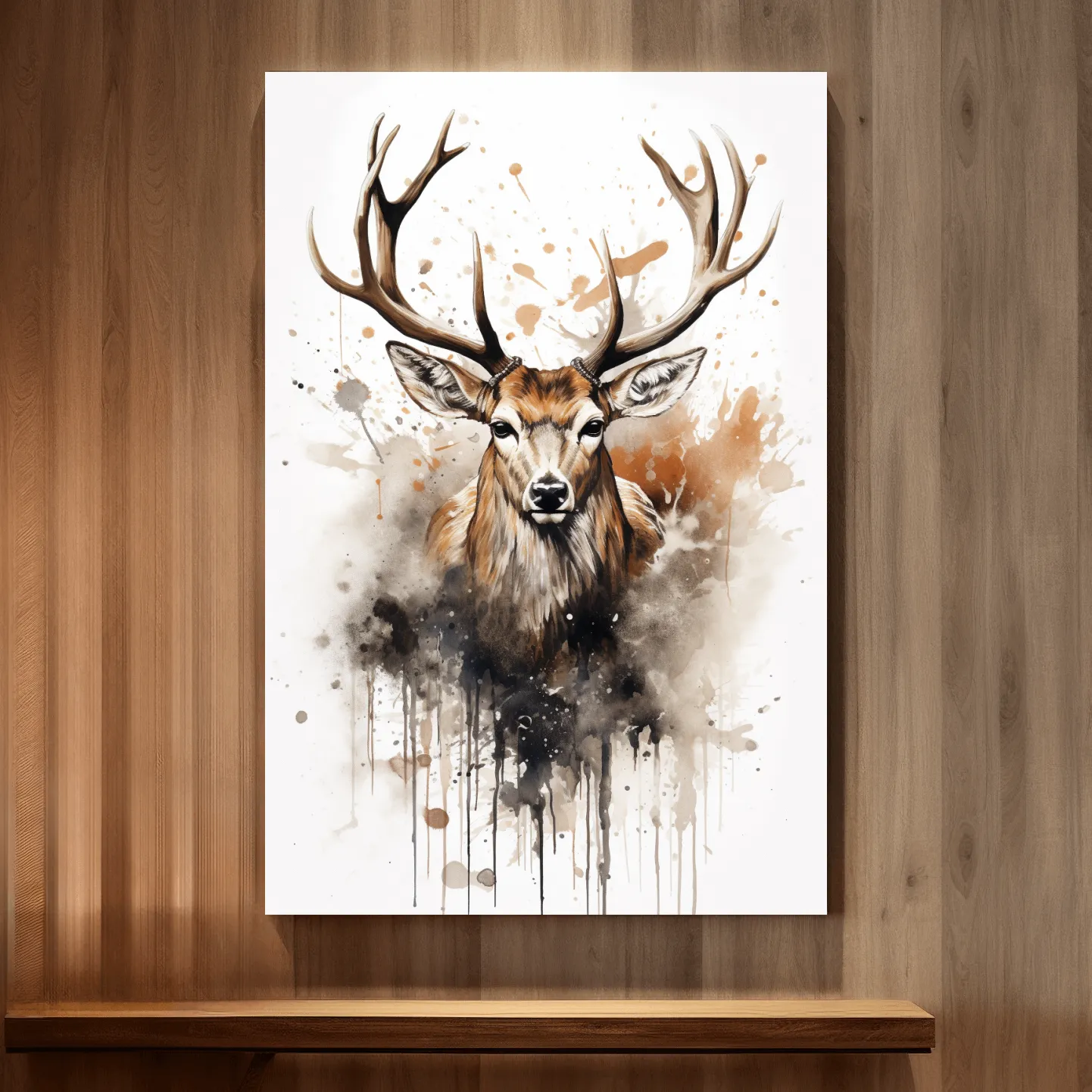 Splattered watercolour painting of a deers head