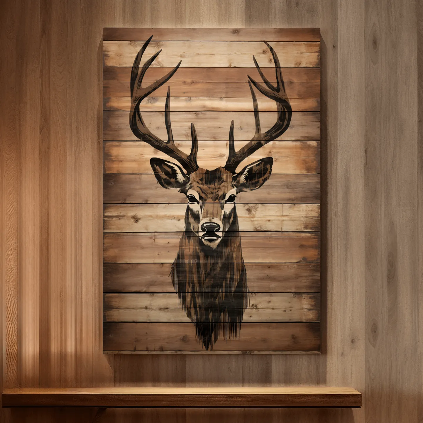 Wood burning art, deer head on wooden panels