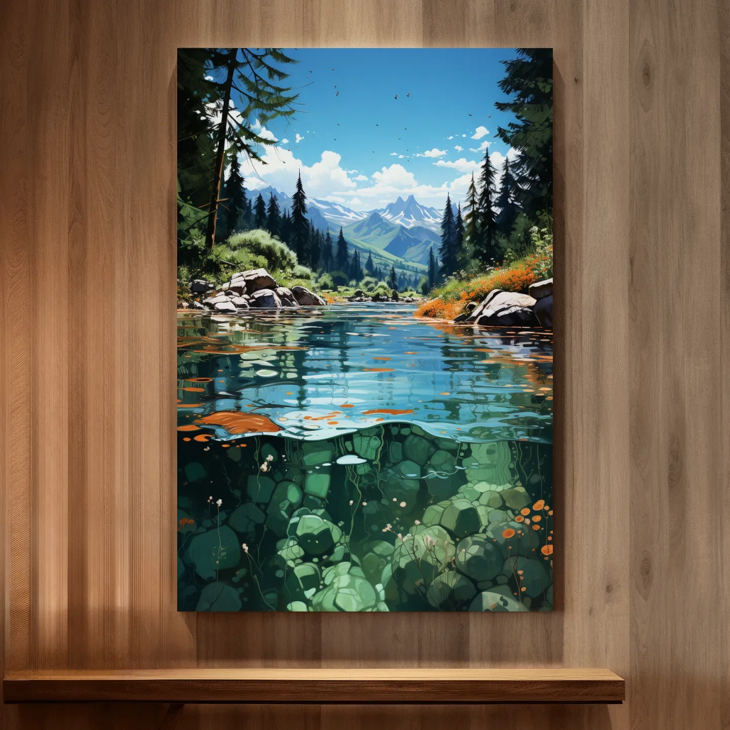 Illustration art of an alpine stream in summer