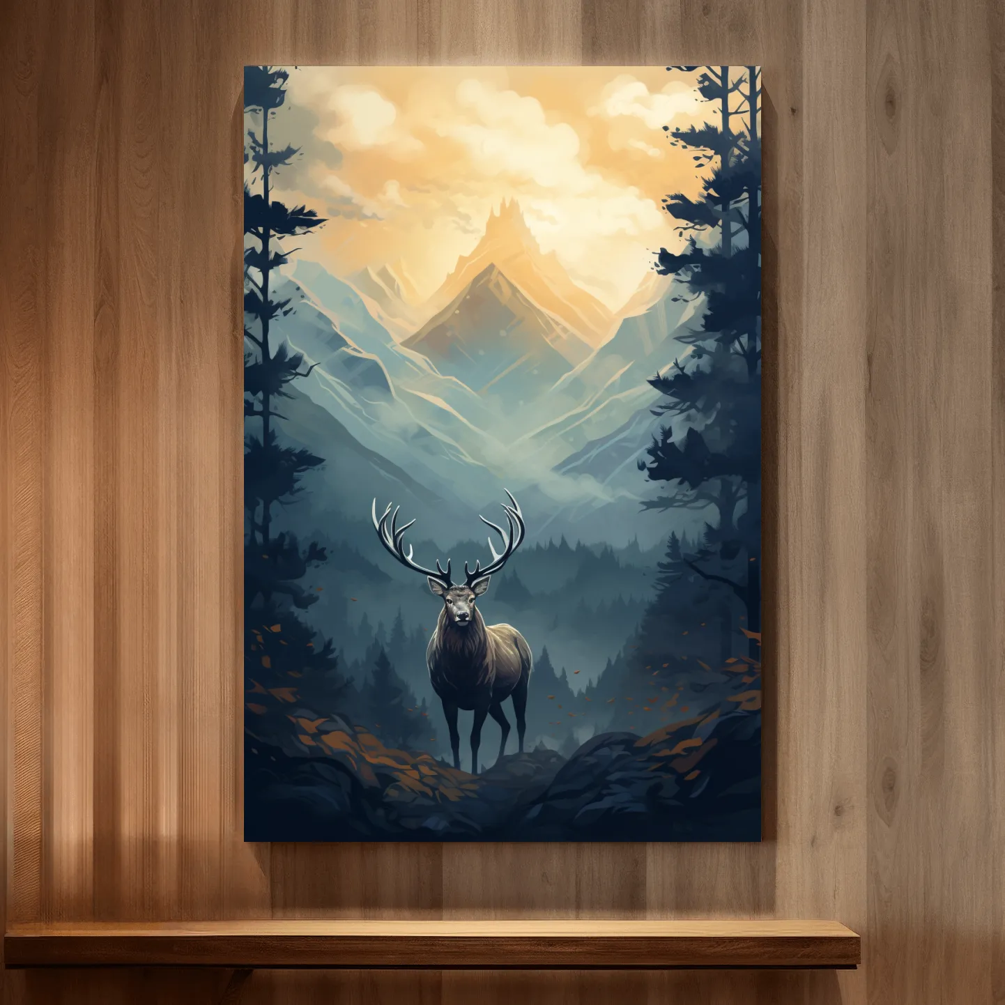Serene illustration of a majestic deer in the forest at sunset