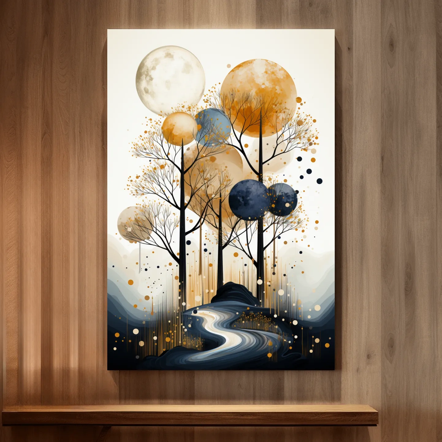 Surreal Golden Moonlit Forest River - Chic Boho Landscape Wall Art