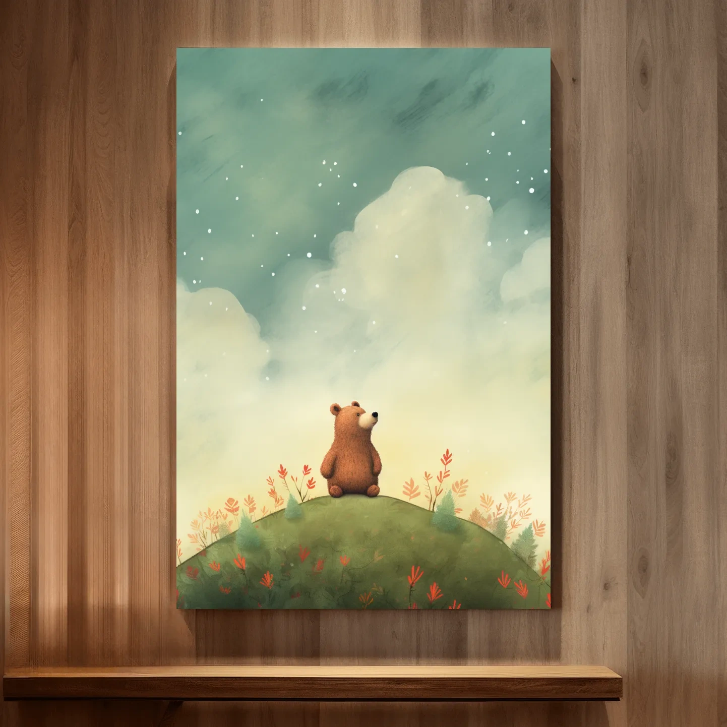 Whimsical Bear Cub Under Starry Sky - Nursery Watercolor Illustration Wall Art