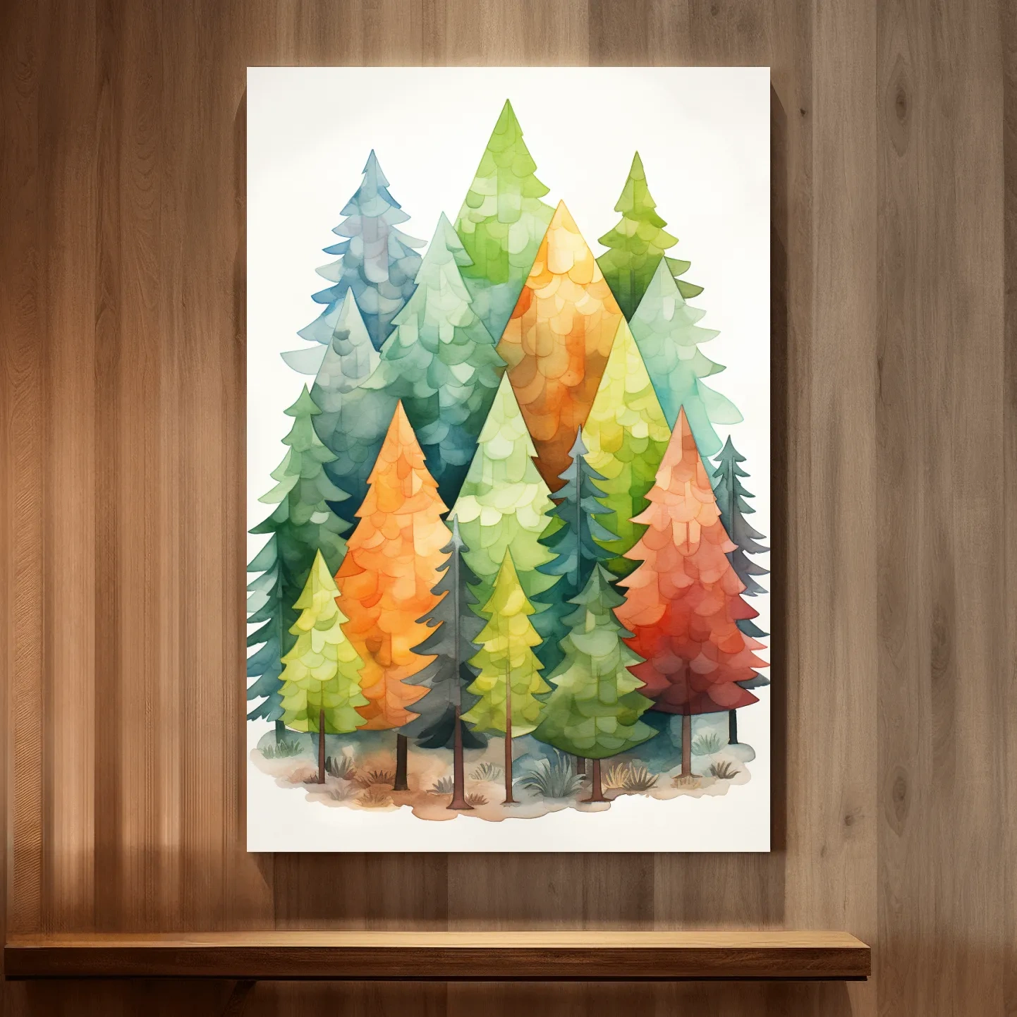 Whimsical Watercolor Pine Forest Illustration - Colorful Scandinavian Nature Wall Art