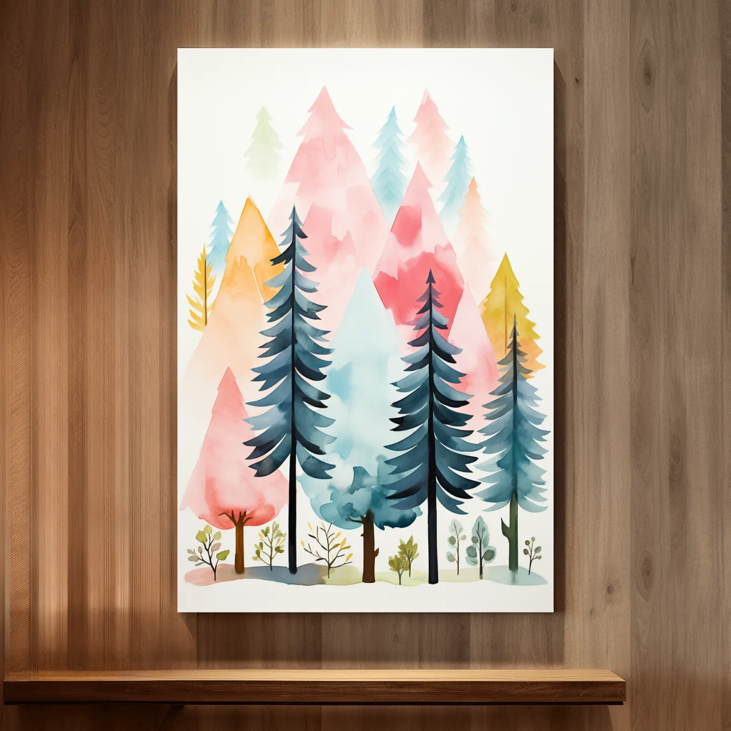 Pastel Watercolor Pine Forest - Colorful Scandinavian Nature Wall Art