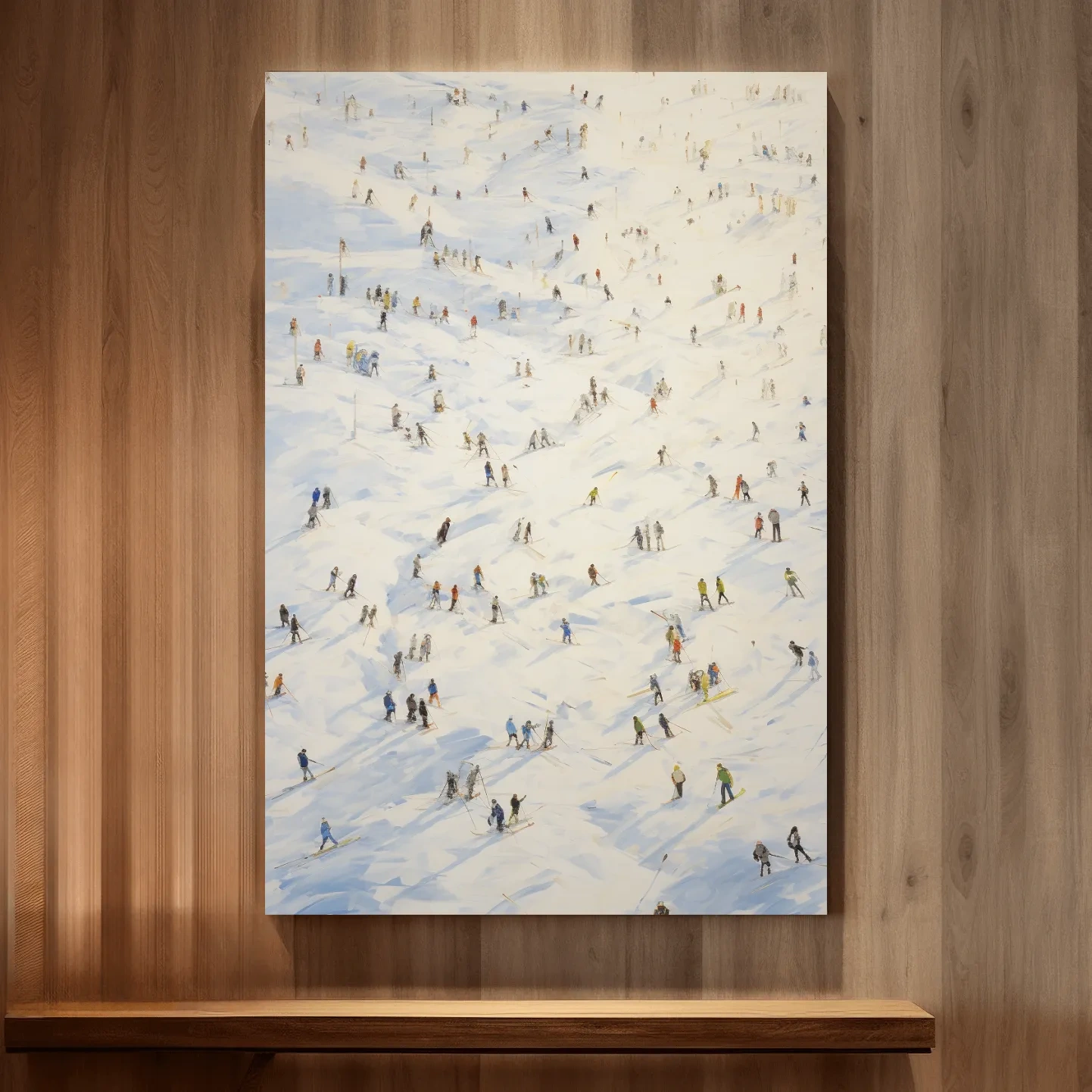 Painting of an aerial view of lots of skiers at a ski resort