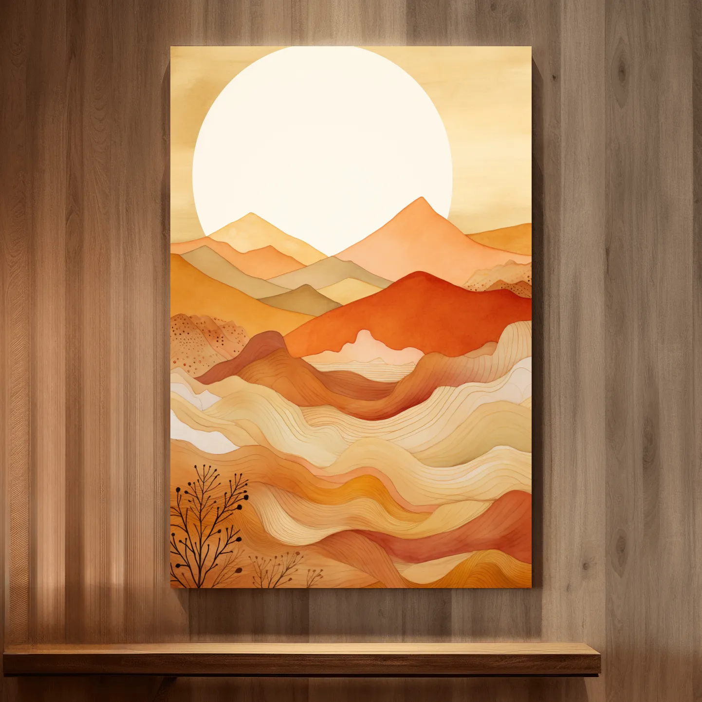 Watercolour illustration of mountain art shapes at sunset
