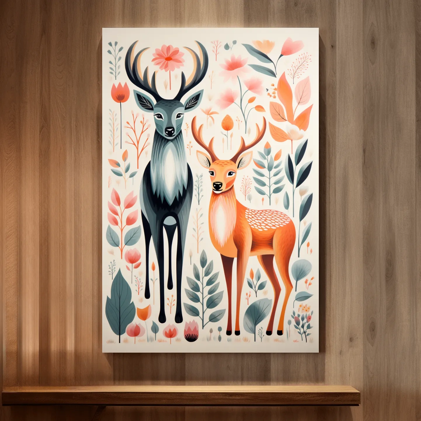 Flat colour vector print of deers and foliage, folk art style