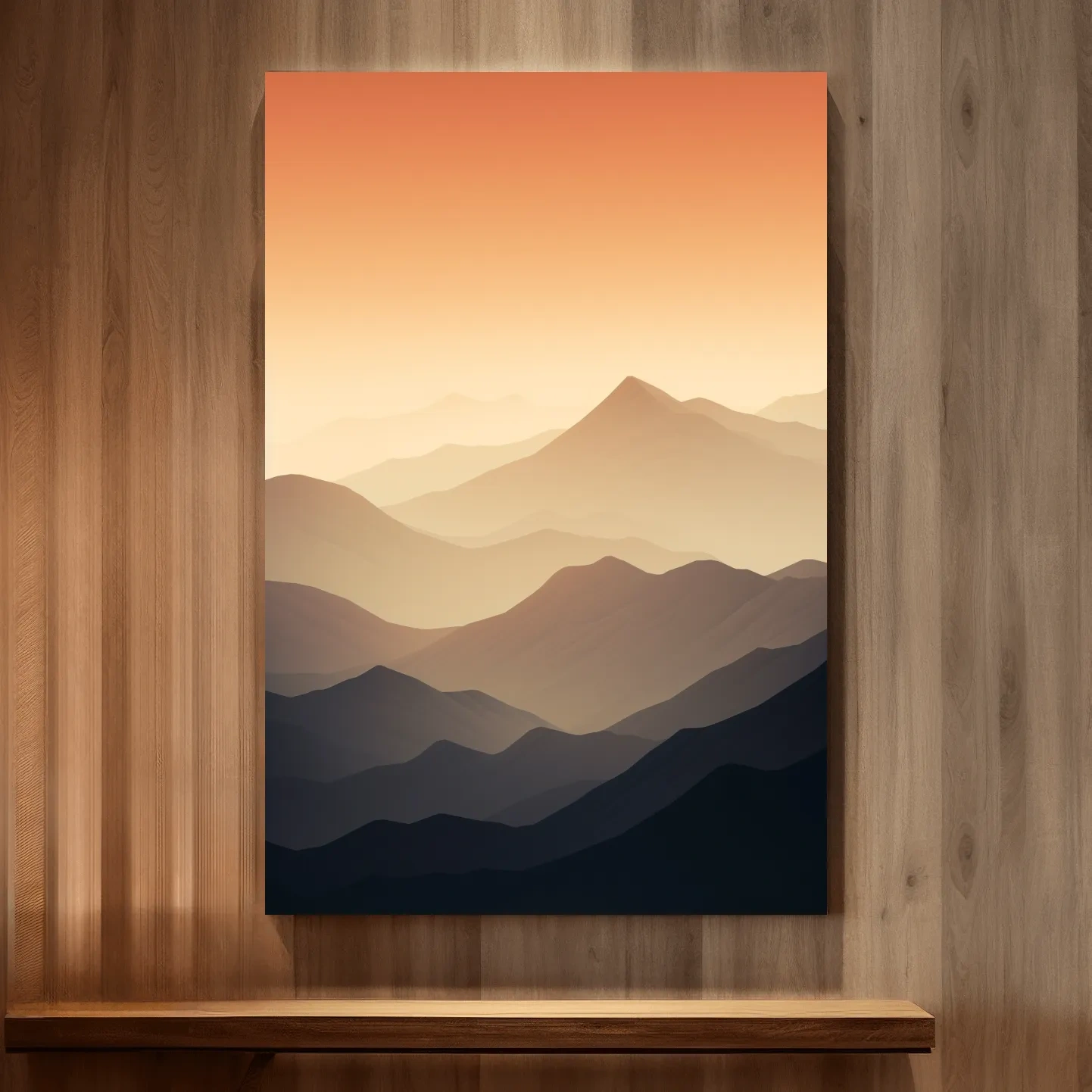 Subtle mountain sunset artwork, ridgelines fading into the sky