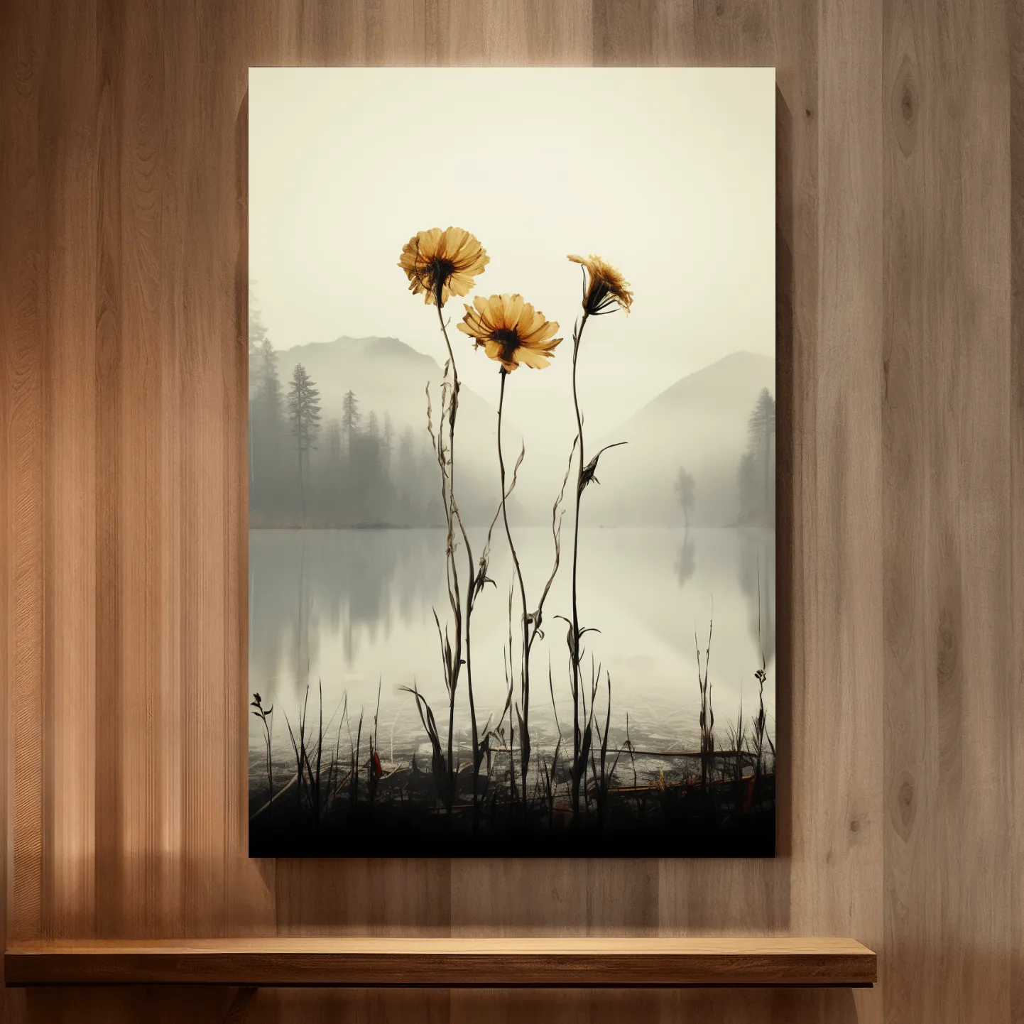 Photographic illustration, flowers on the misty lake shore