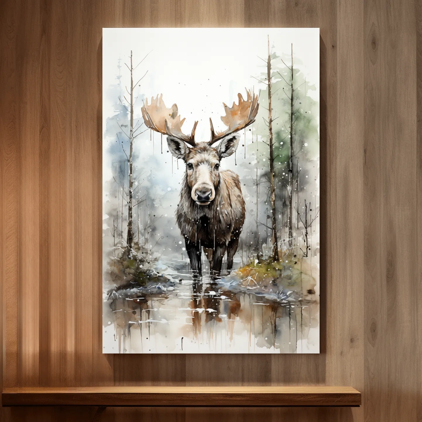 Watercolor Moose In Misty Forest - Rustic Woodland Wildlife Painting Wall Art