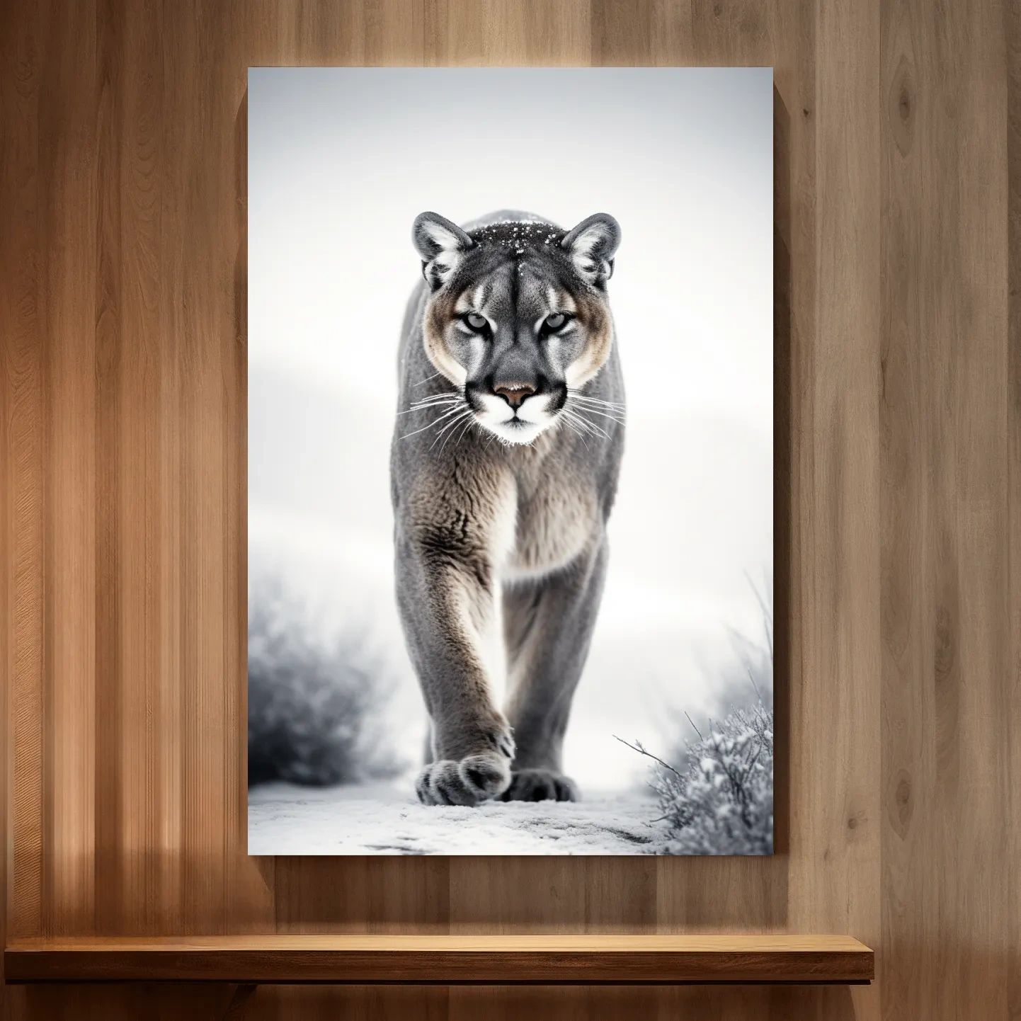 Photograph of a mountain lion walking in snow