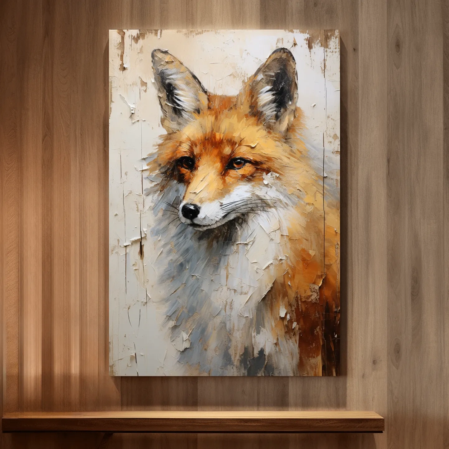 Rustic impasto style painting of a fox on wood
