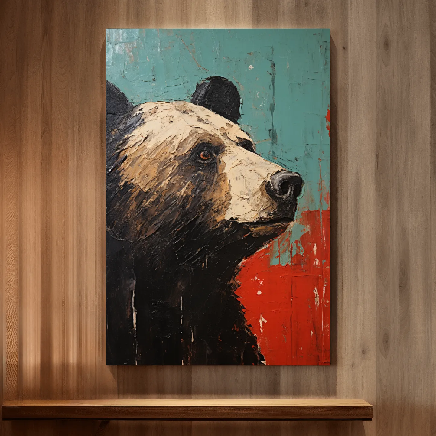 Rustic impasto style painting of a black bears head
