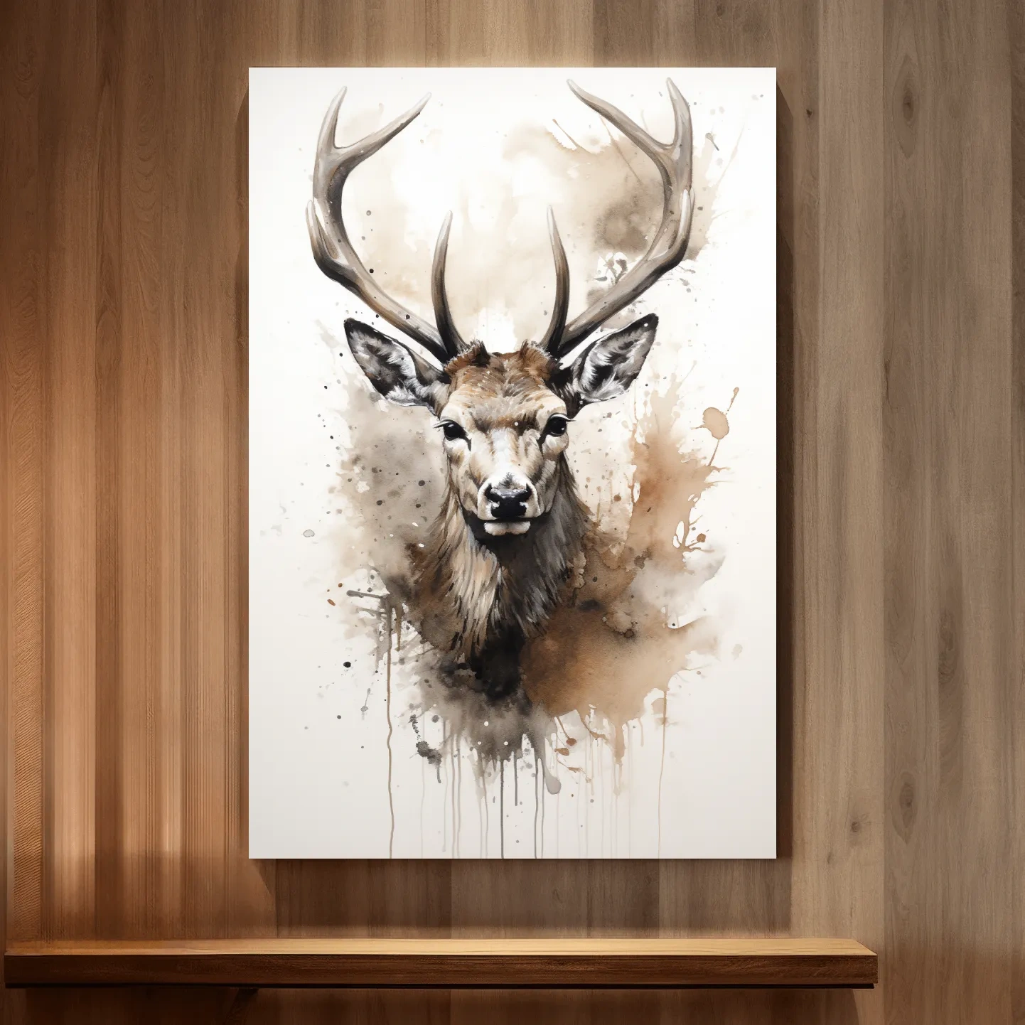 Splattered watercolour painting of a deers head
