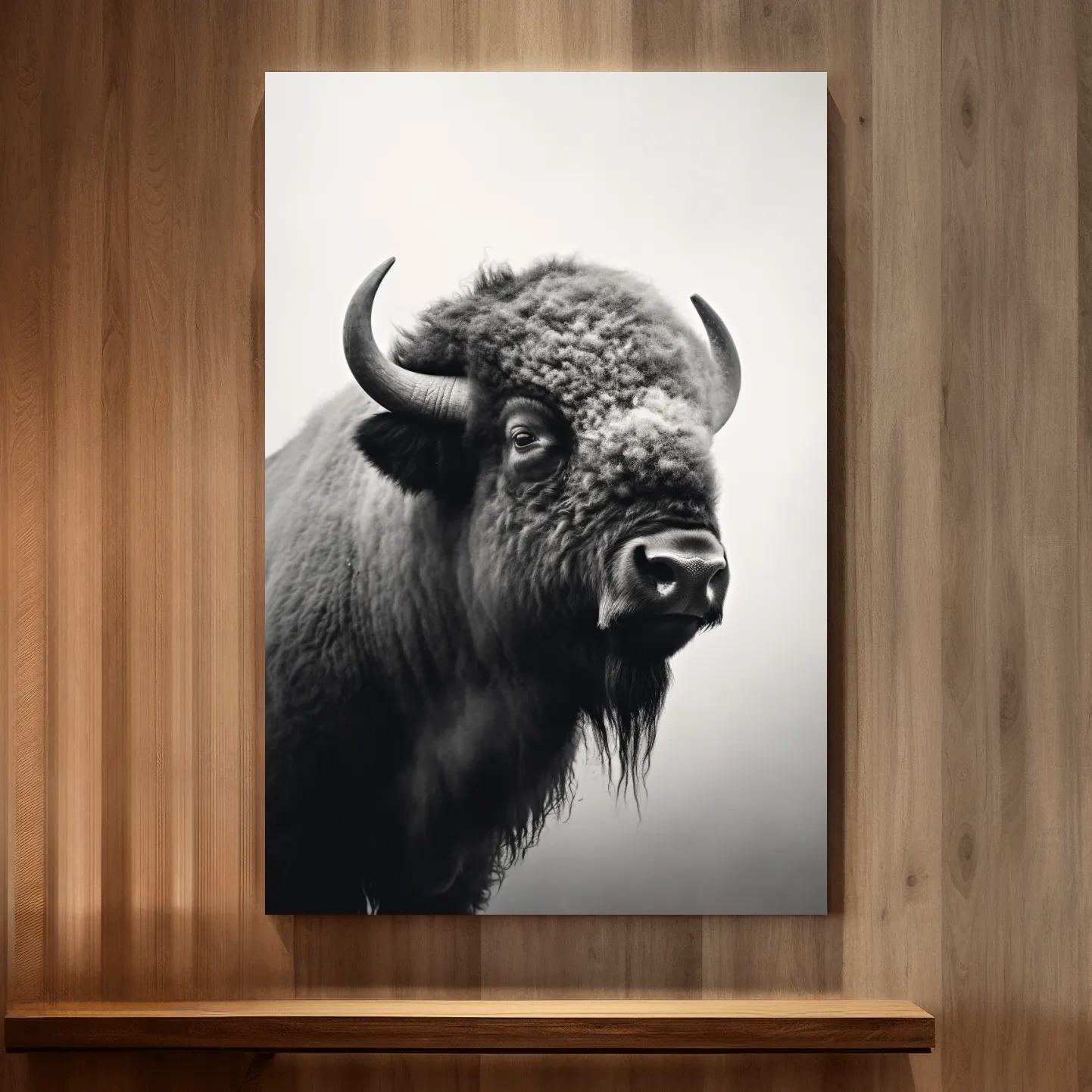 Photographic art, black and white photo of a bison on a crisp winter morning