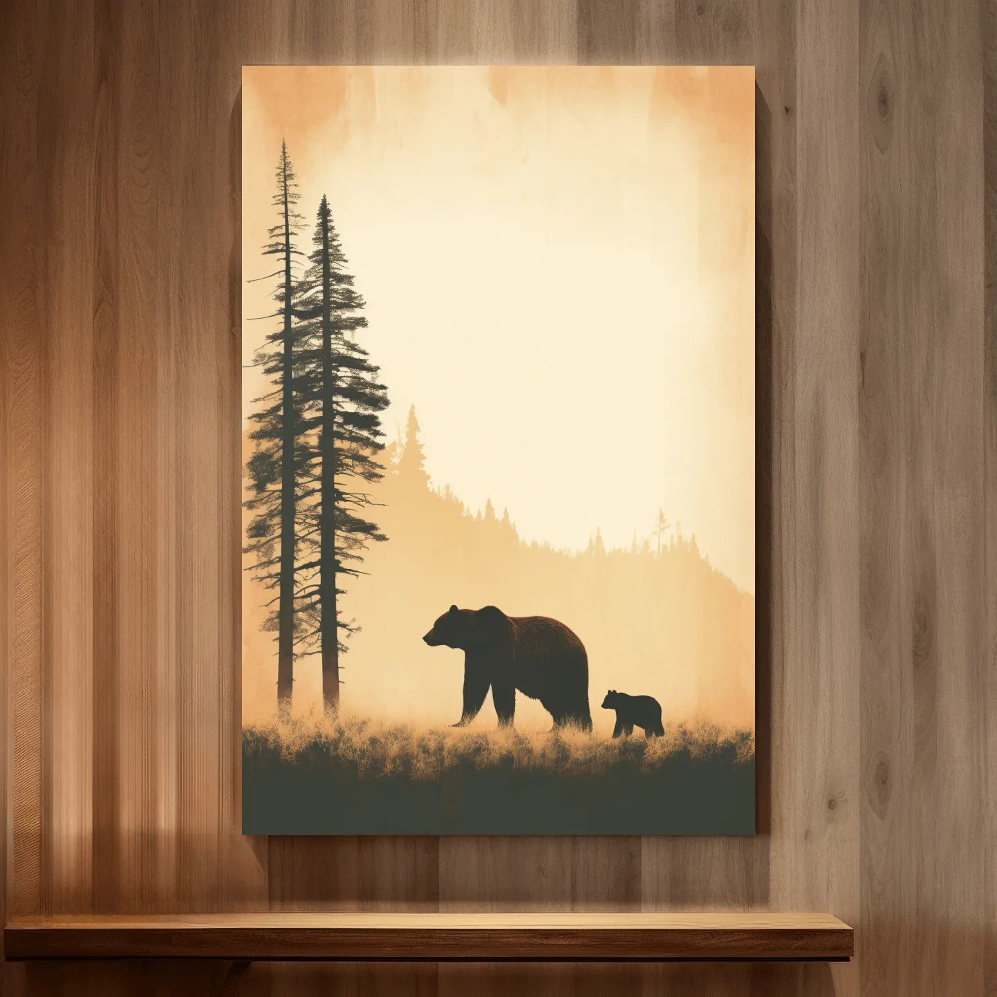 Momma bear and her cub, minimal illustration artwork
