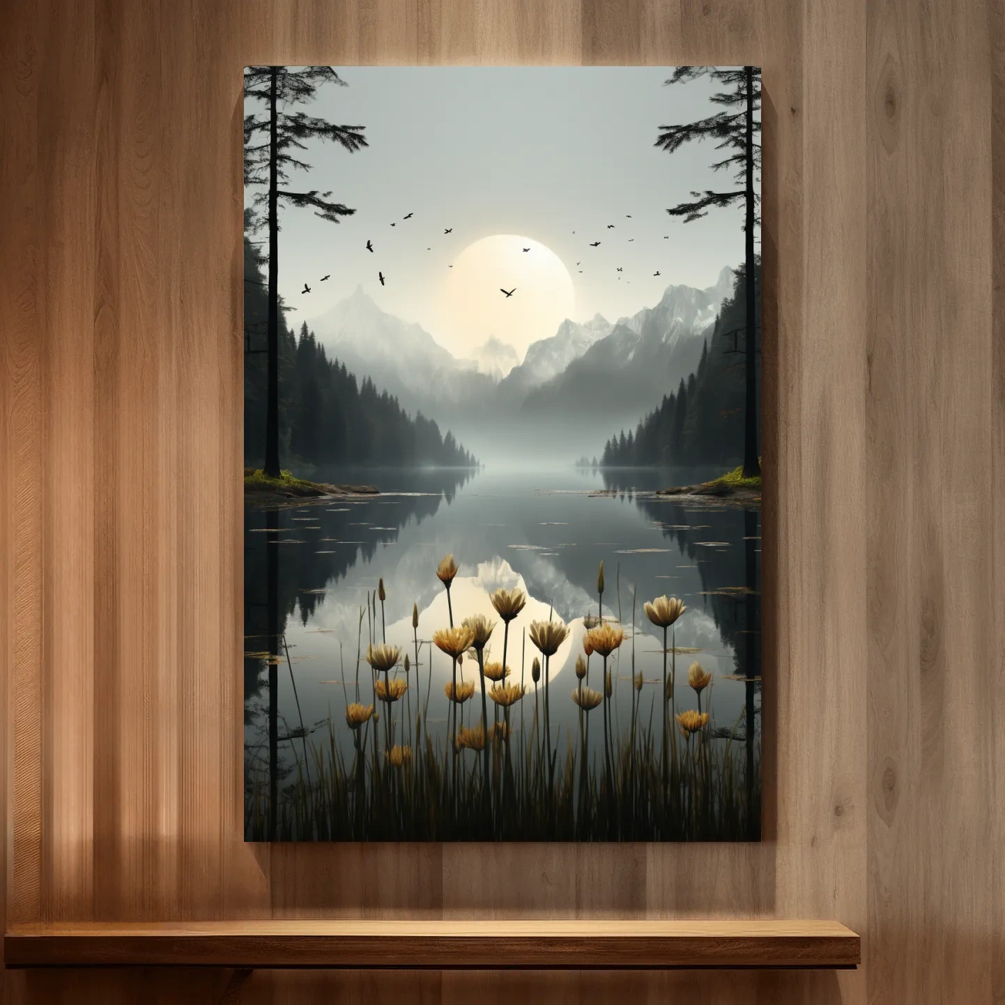 Misty Alpine Lake Sunrise With Wildflowers - Serene Mountain Landscape Wall Art
