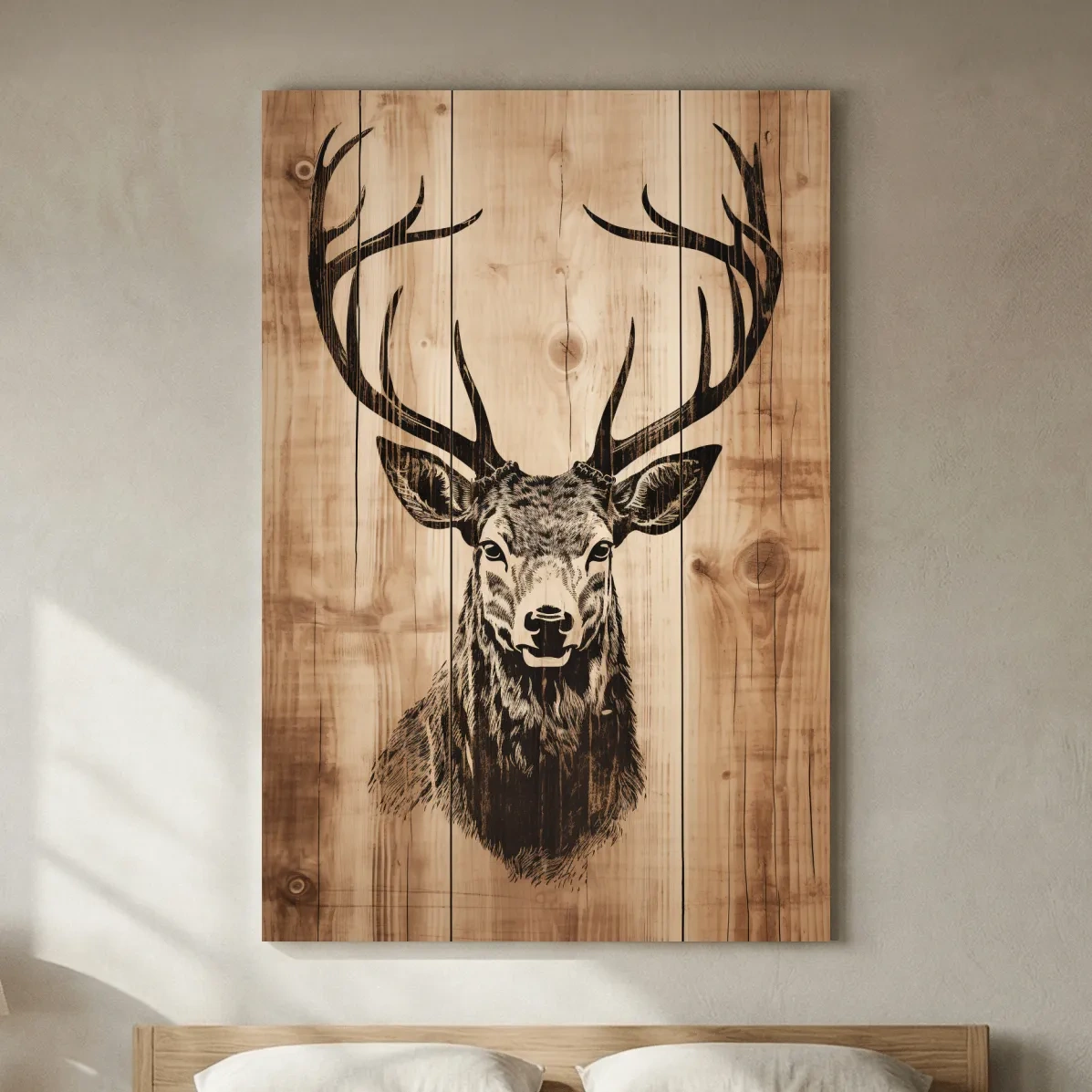 Rustic Deer Head Woodburn Style Portrait - Lodge Cabin Wildlife Wall Art