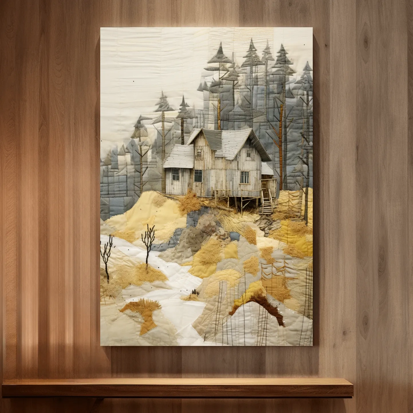 Cabin in the forest, fabric patchwork style art print