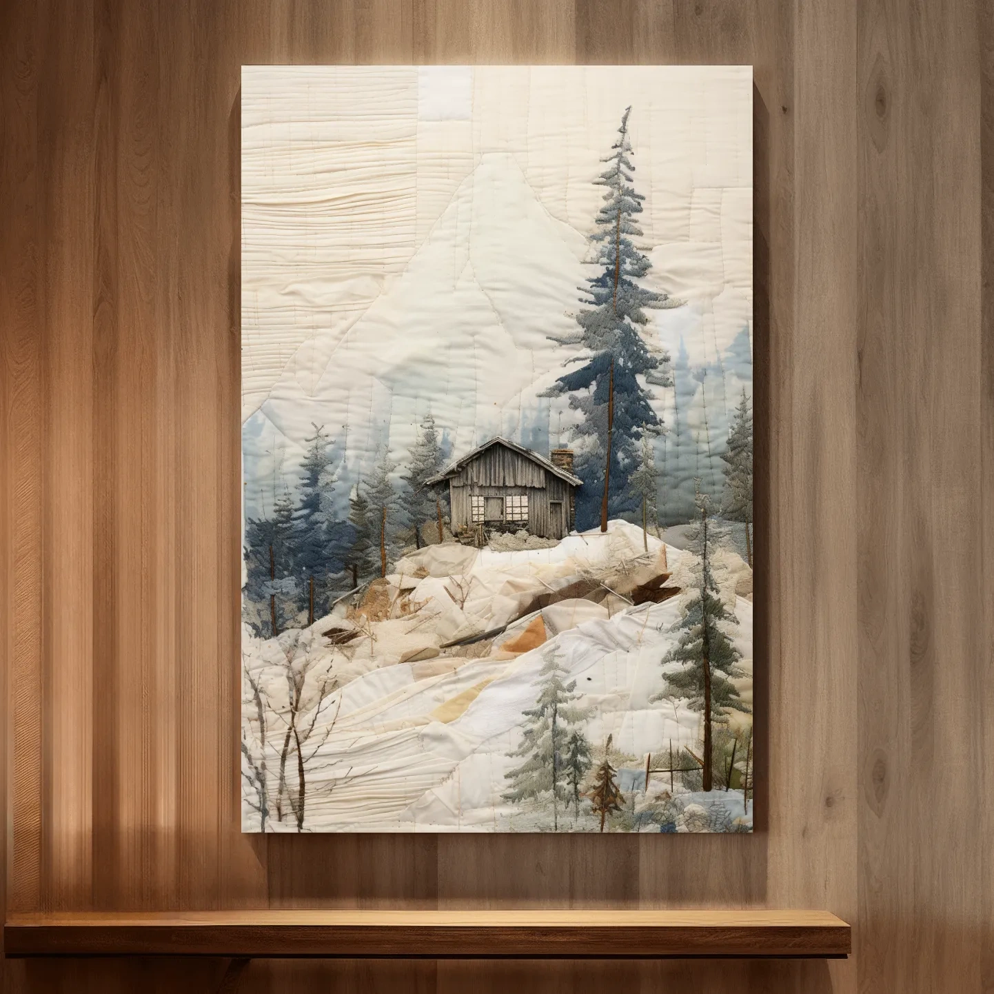 Cabin in the alpine forest, patchwork fabric style mountain wall art
