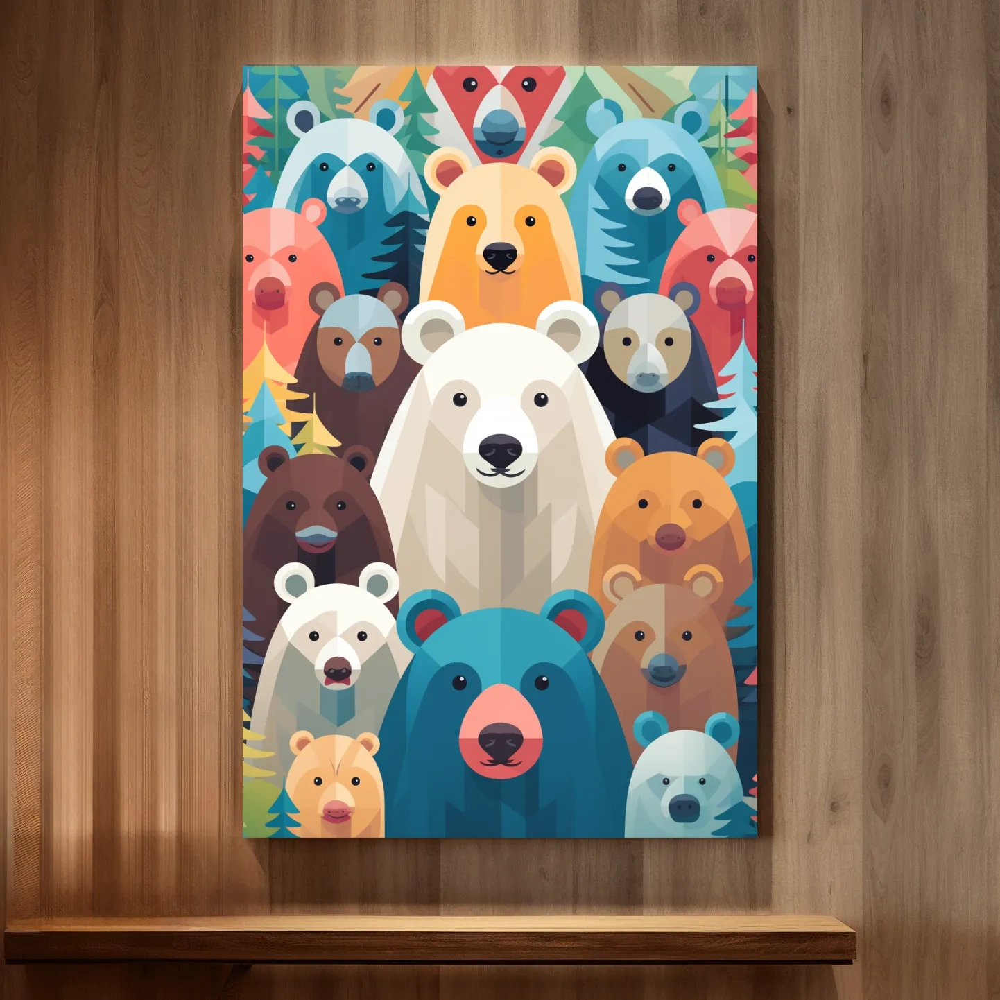 Illustration of colorful vibrant bears, childrens bedroom artwork