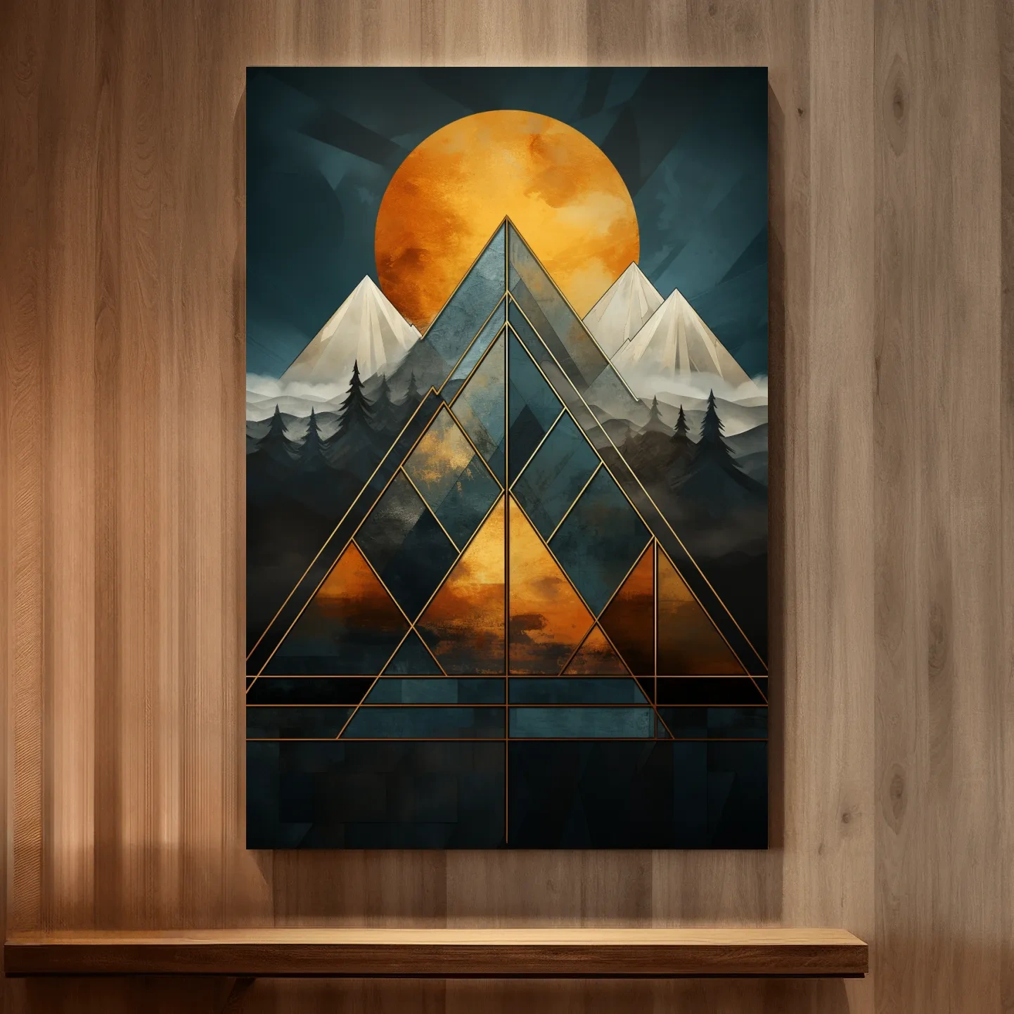Leadlight style mountain artwork, sunset over glaciers and forest